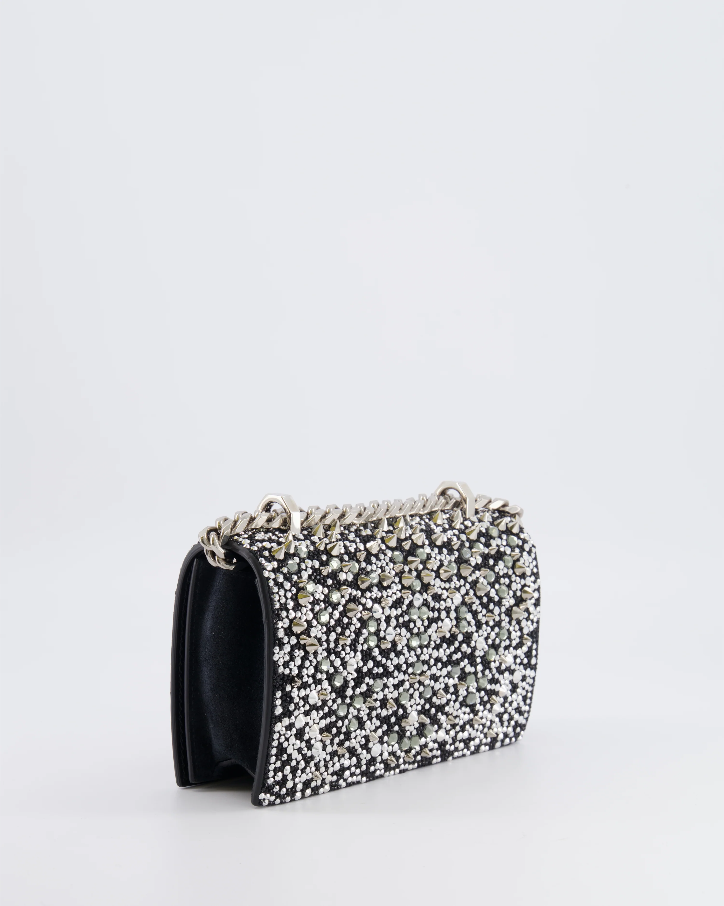 Alexander Mcqueen Black Crystal Embelished Suede Shoulder Bag with Skull and Spike Details - Image 9