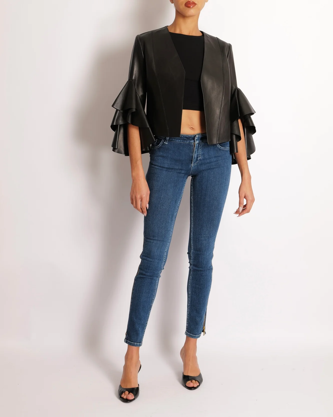 Alexander McQueen Black Leather Cropped Jacket with Ruffled Sleeves Size IT 40 (UK 8)RRP1800£ - Image 3
