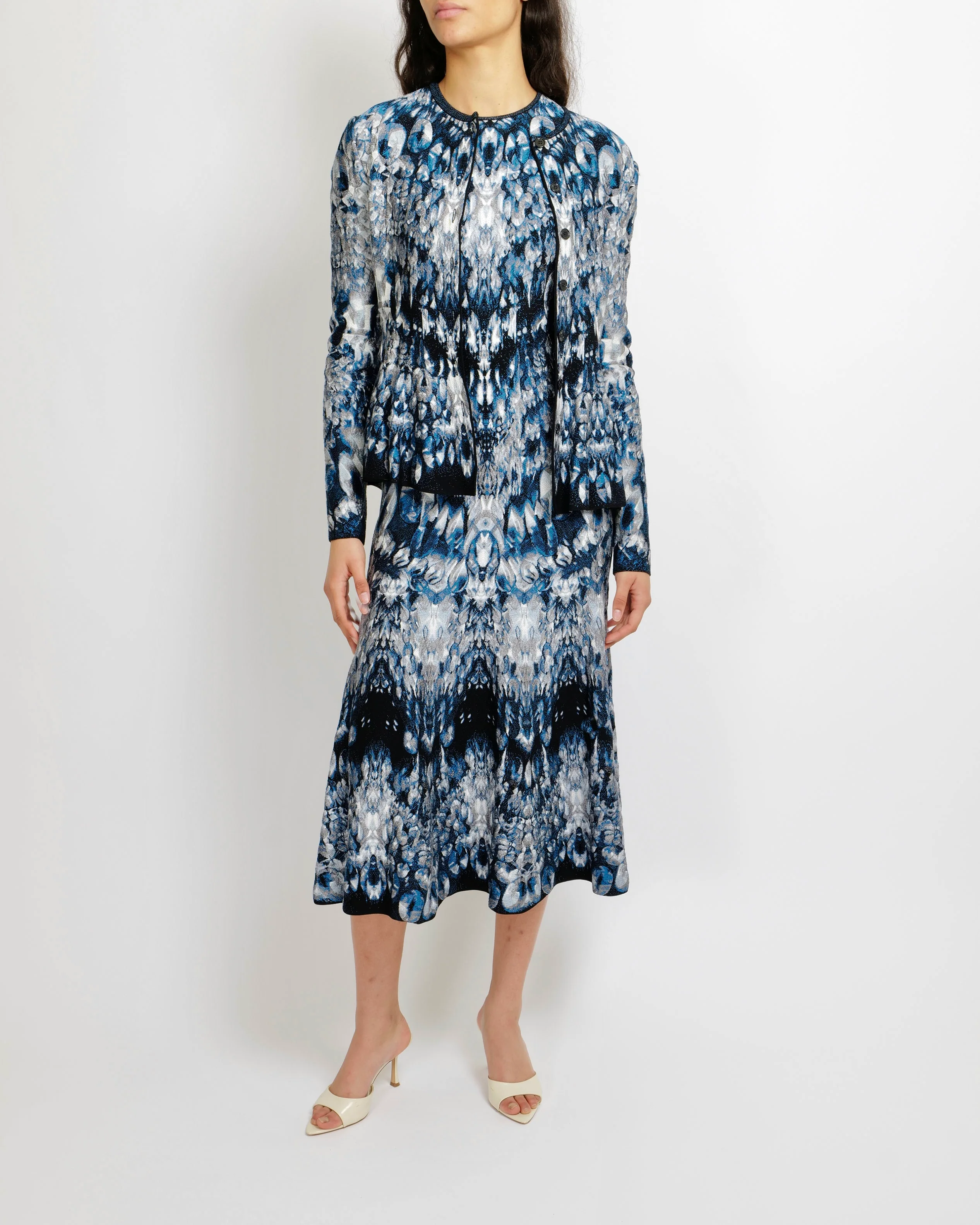 Alexander Mcqueen Blue Abstract Print Silk Midi Dress and Cardigan Set Size M/L (UK 10/12)