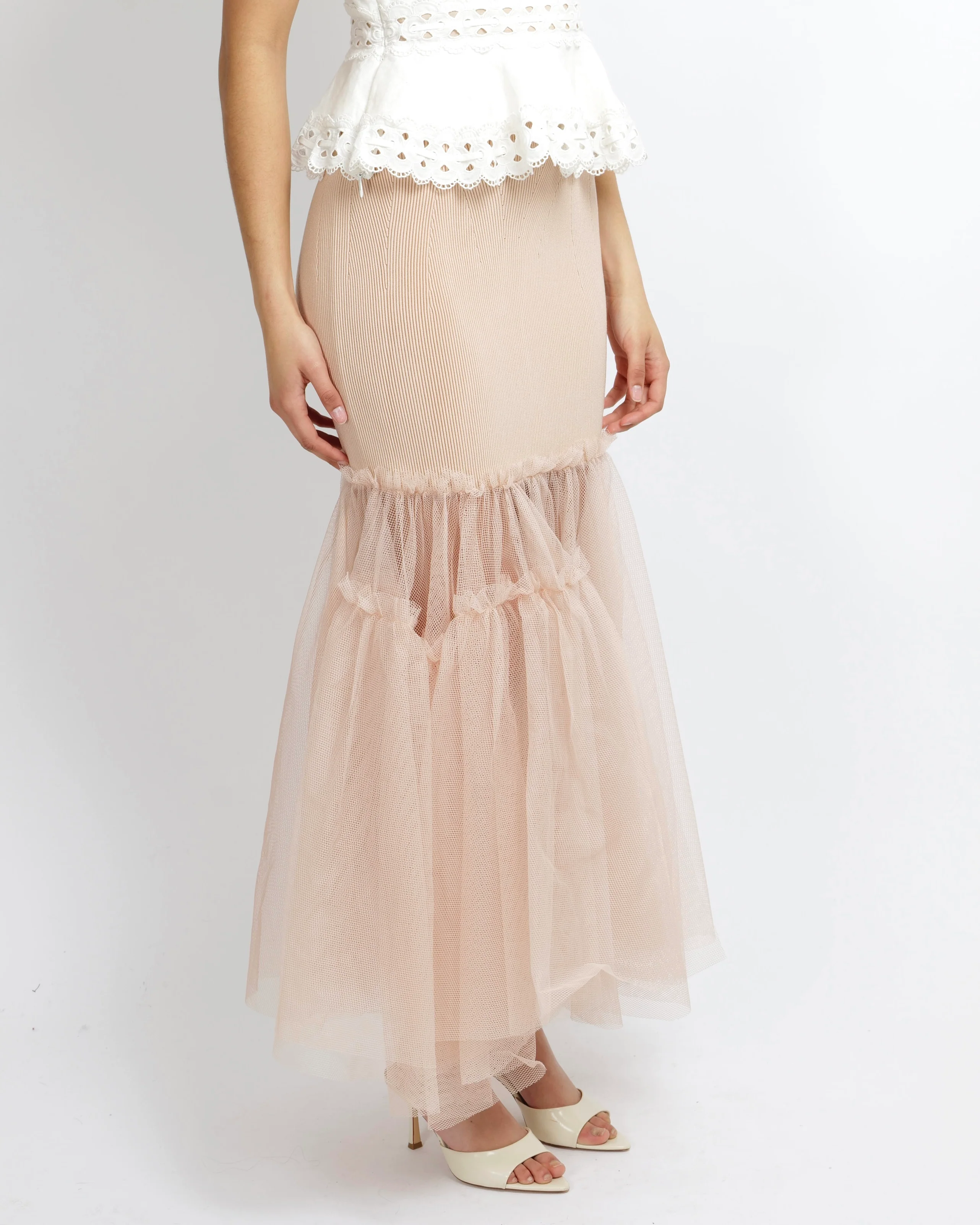 Alexander McQueen Blush Pink Layered Tulle-Trimmed Midi Knit Skirt Size S (UK 8) RRP £1,750