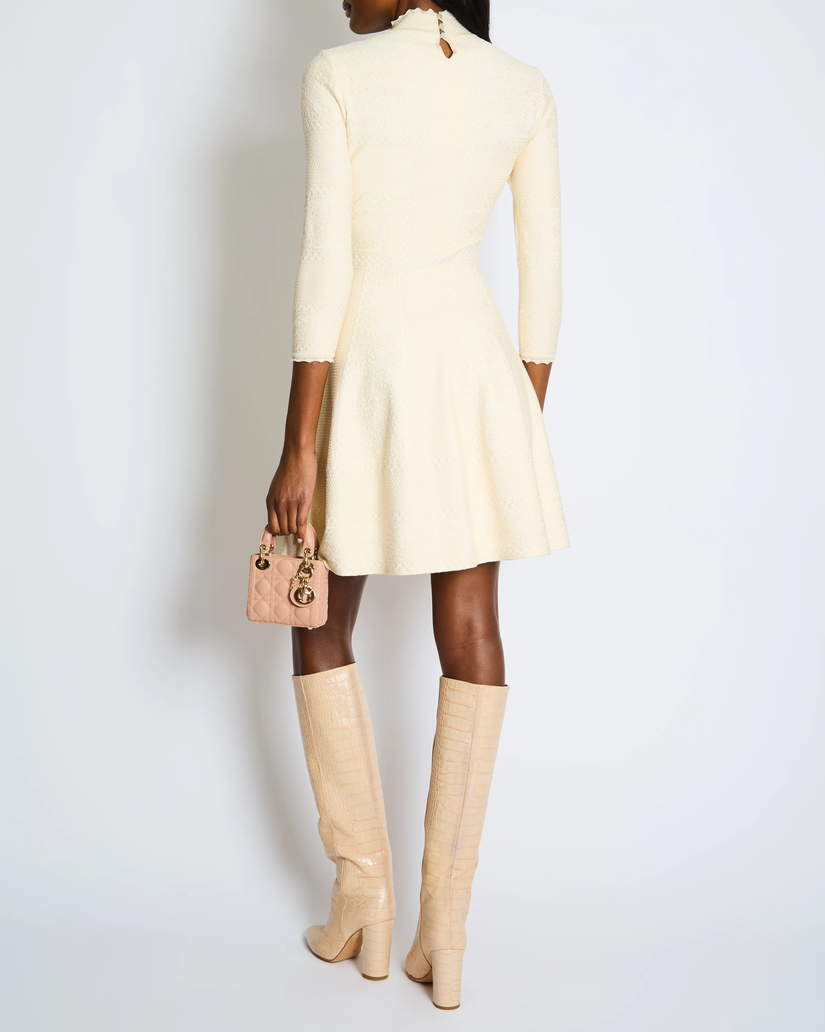 Alexander McQueen Textured Ecru Mid-Length High-Neck Dress Size UK 8 - Image 5