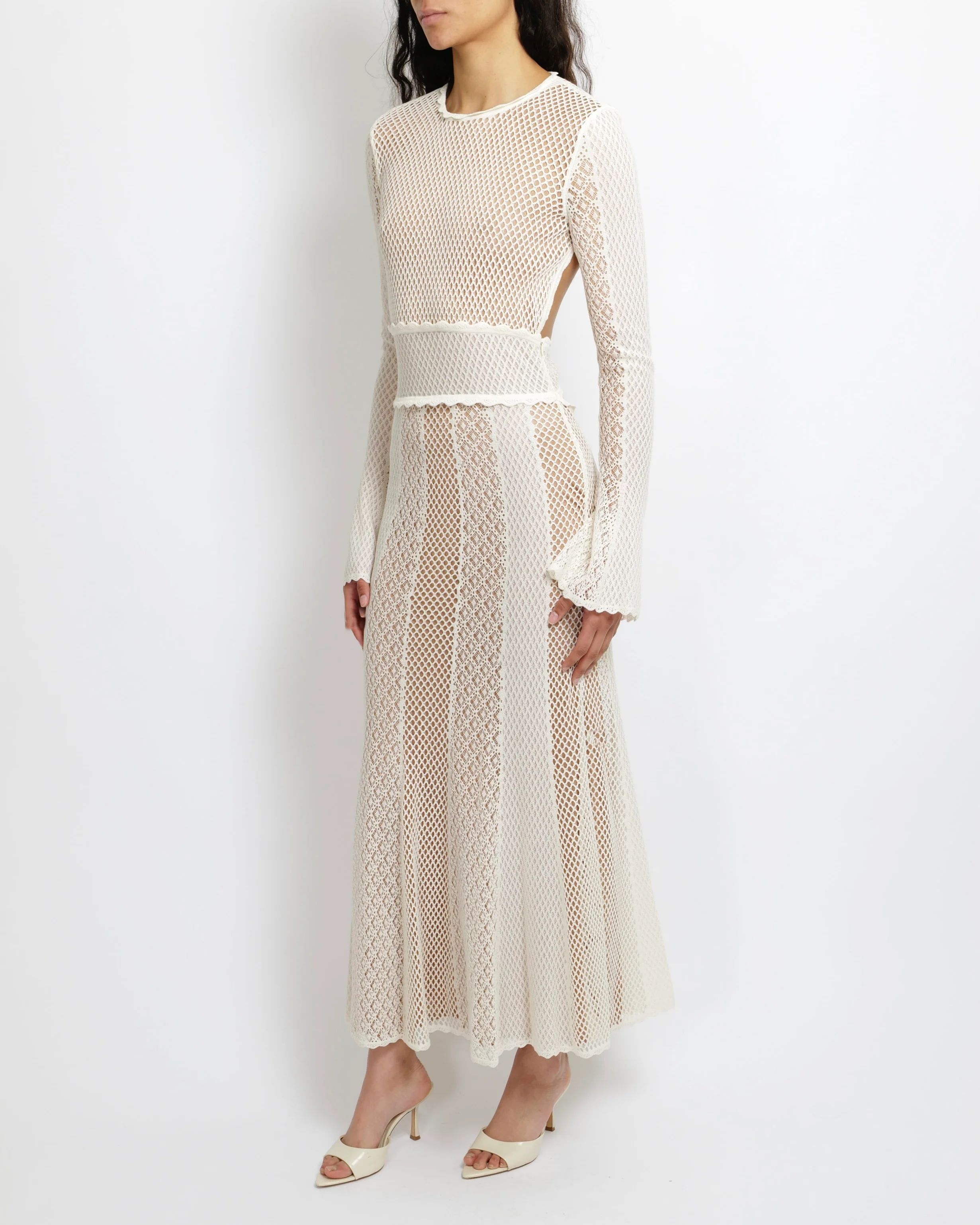 Alexander McQueen White and Beige Crochet Maxi Dress with Open Back and Scalloped Collar Size M (UK 10) RRP £2,690