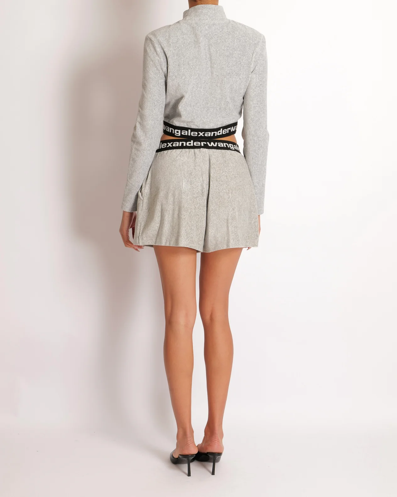 Alexander Wang Light Grey Ribbed Shorts and Top Set with Black Logo Size M (UK 10) - Image 3