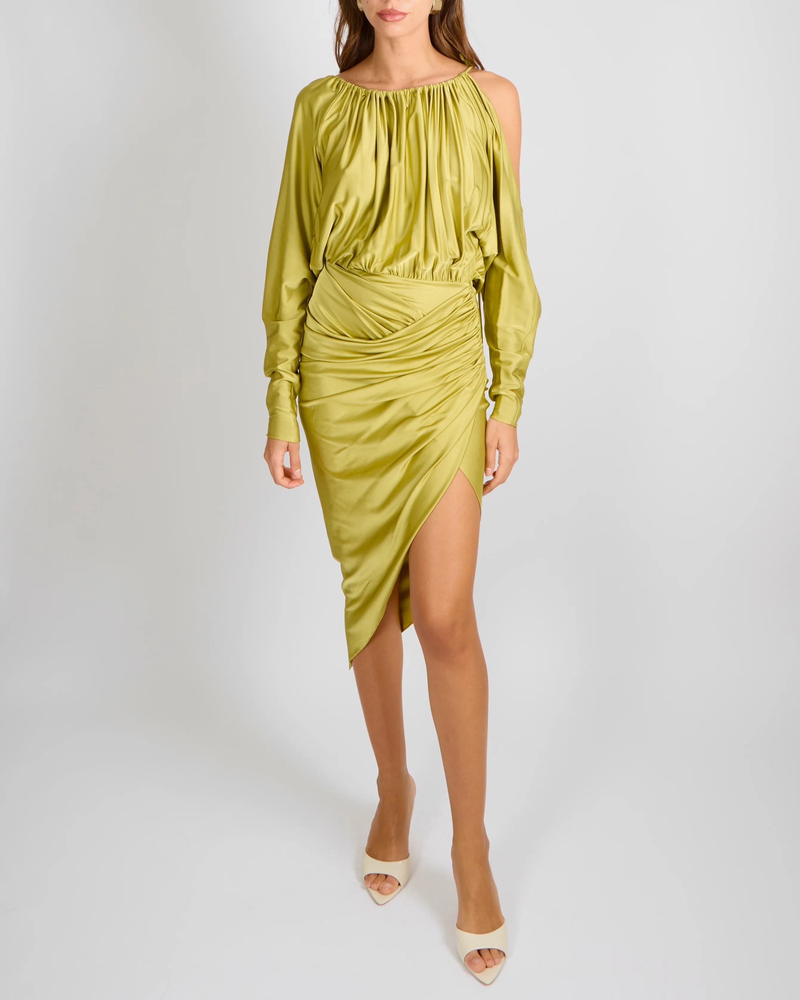 Alexandre Vauthier Lime Asymmetric One Shoulder Midi Dress with Crystal Bead Details Size FR 36 (UK 8) RRP £1,780