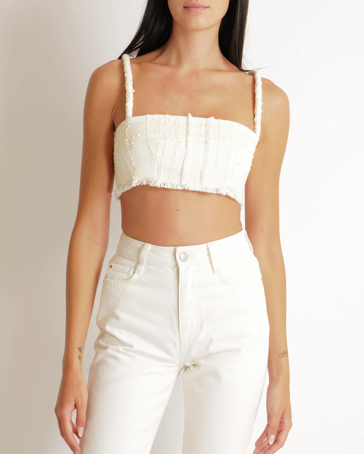 Alexis Cream and Butter Yellow Tweed Cropped Top with Fringe Trim Detail Size M (UK 10)