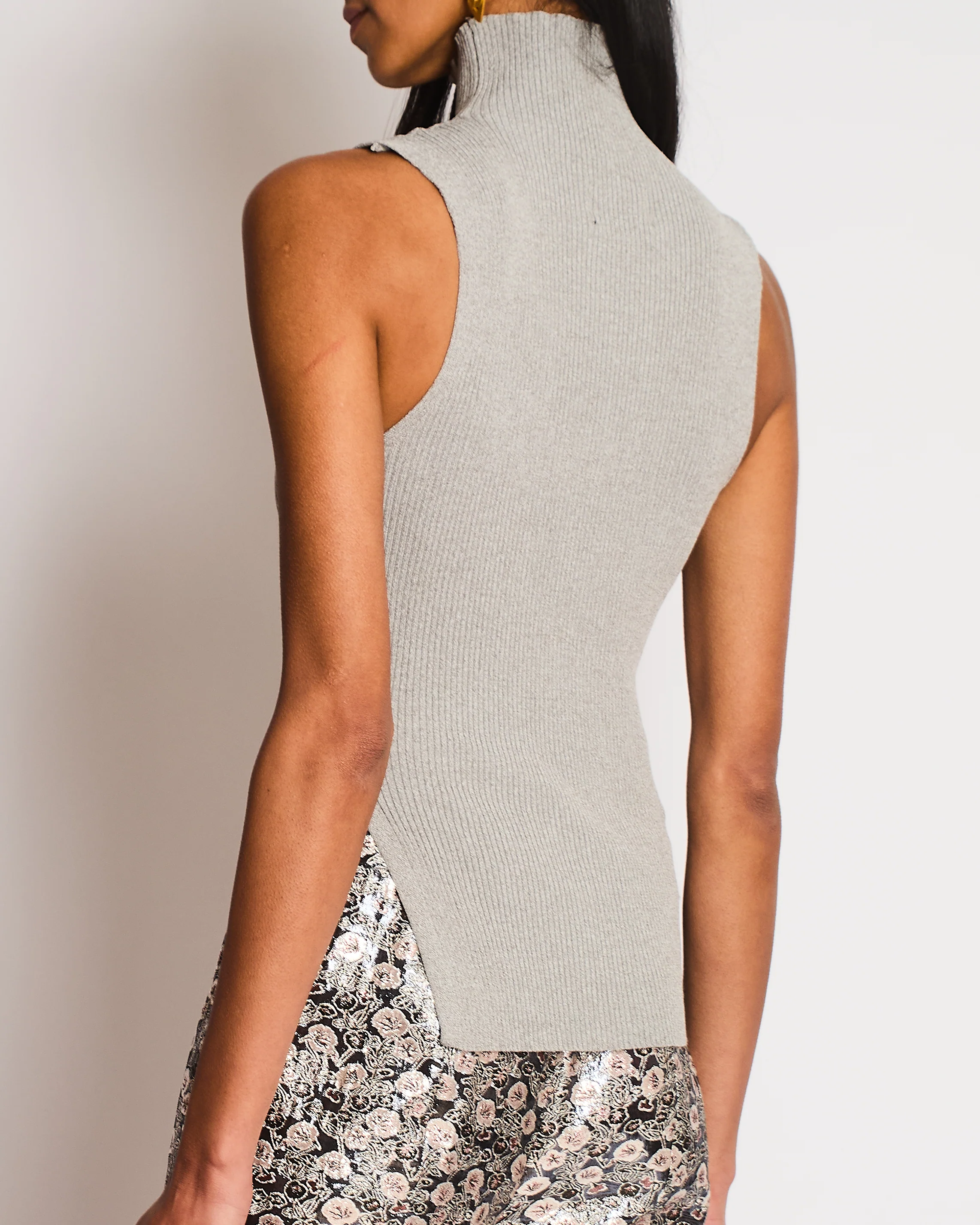 All The Ways Grey Ribbed Sleeveless High-Neck Top with Side Split Detail Size S (UK 6/8) - Image 3