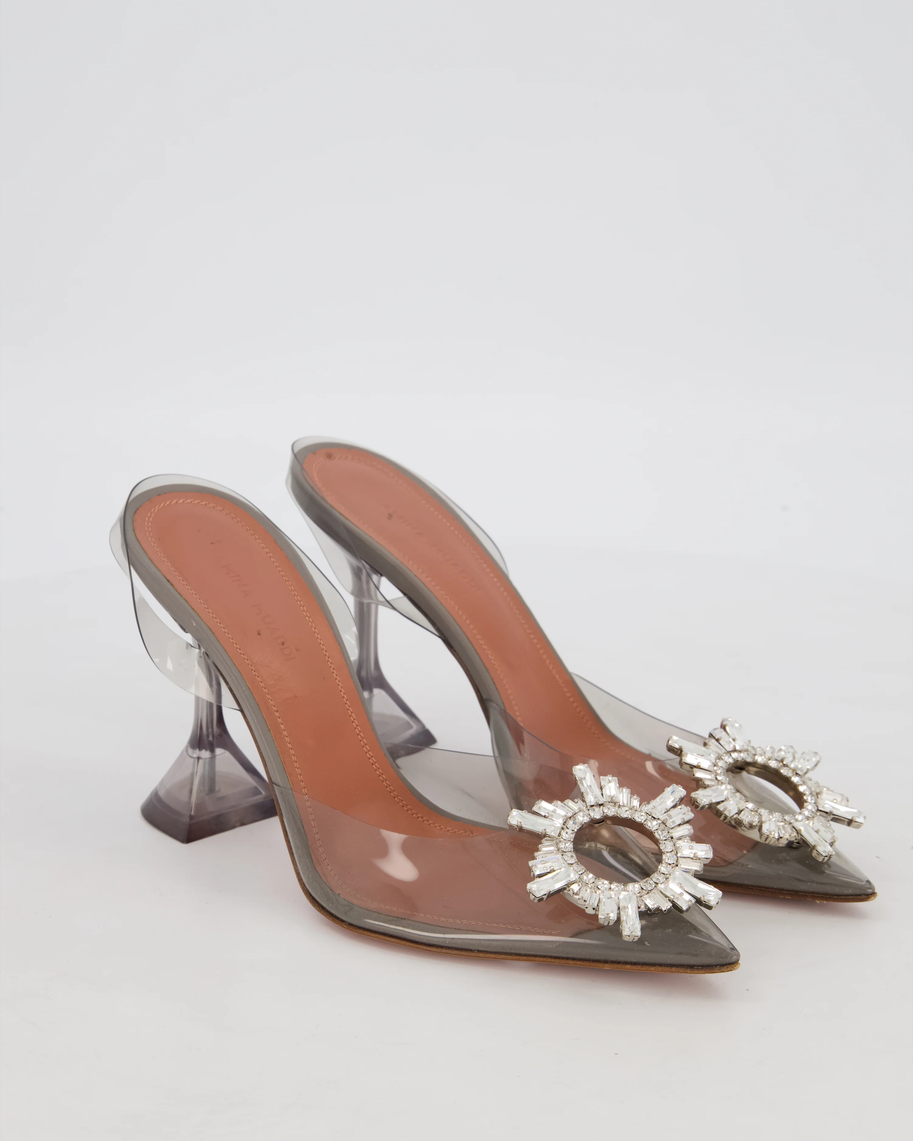 Amina Muaddi Begum Grey Transparent Crystal Embellished Heels Size EU 36.5 - Image 2