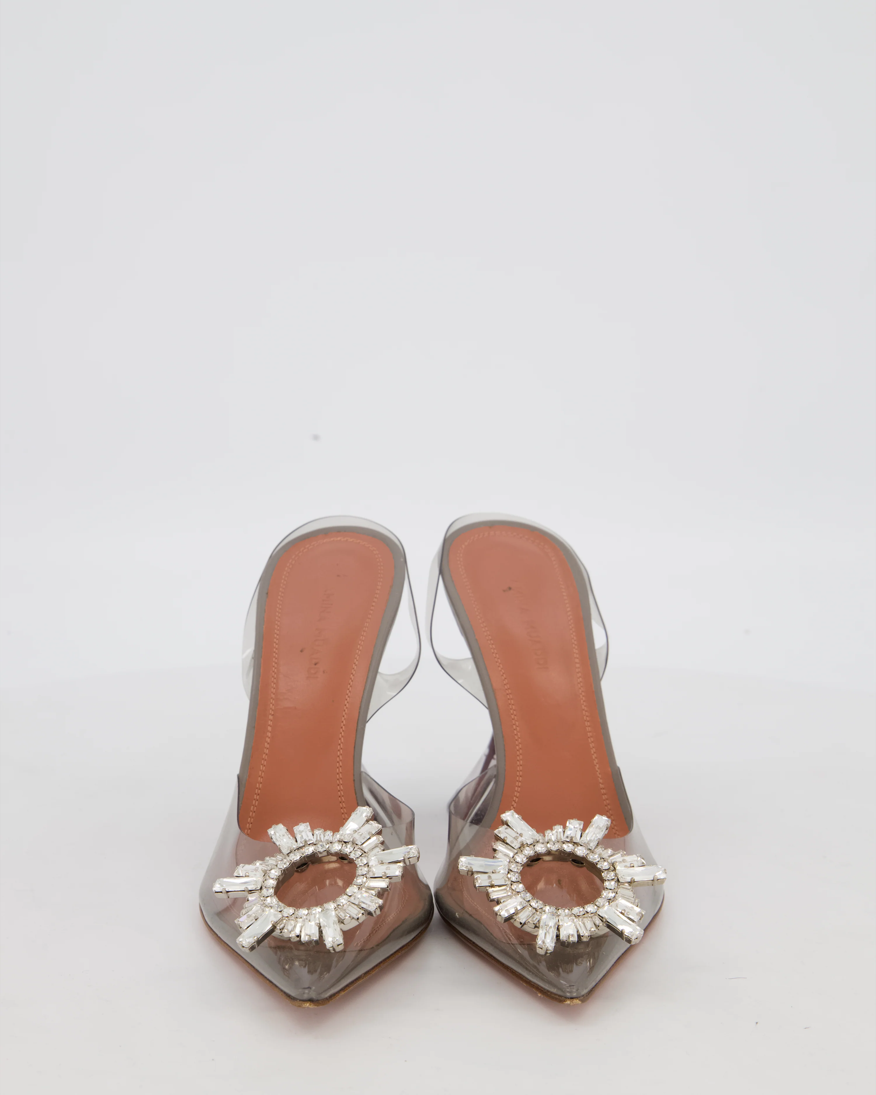 Amina Muaddi Begum Grey Transparent Crystal Embellished Heels Size EU 36.5 - Image 3