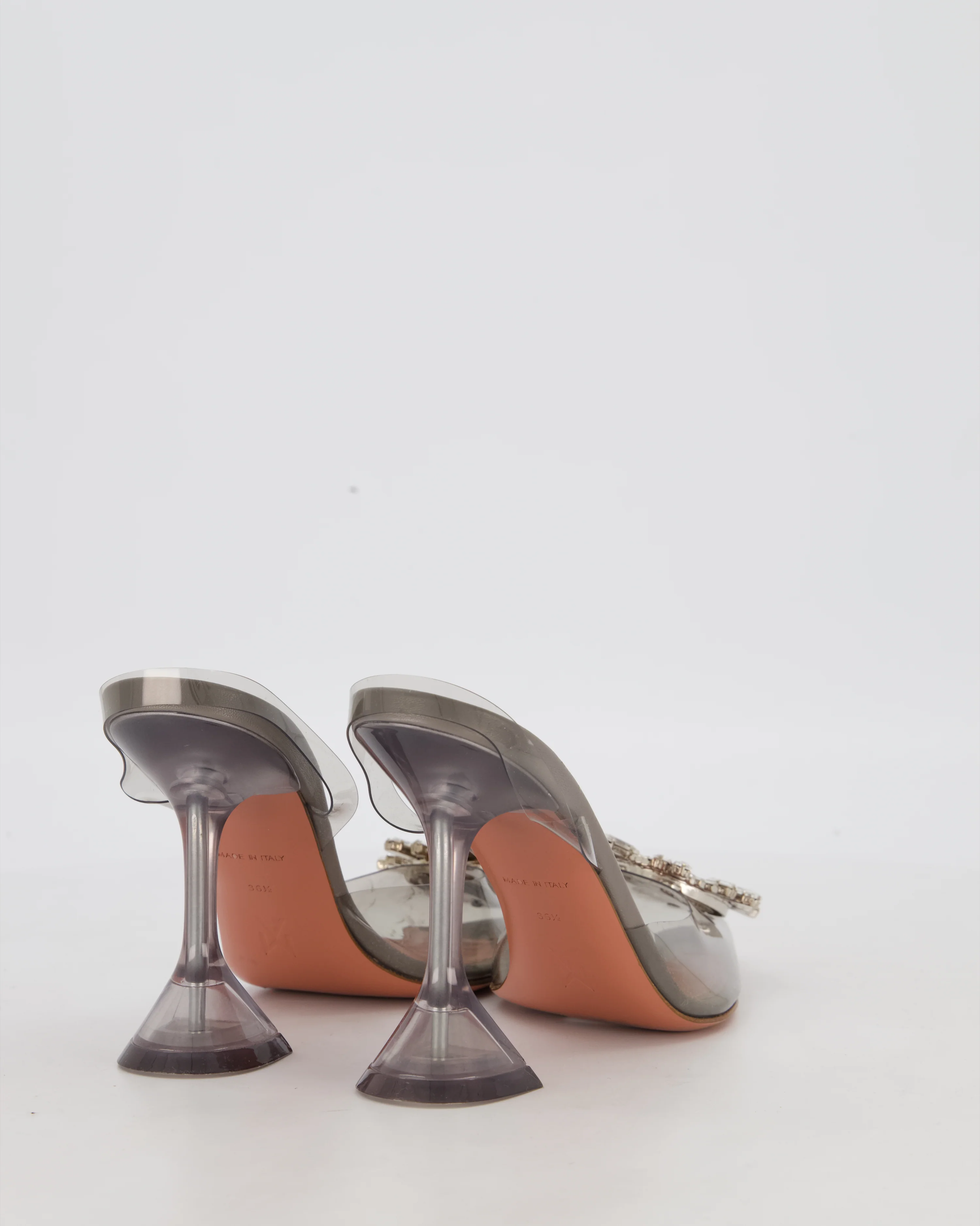Amina Muaddi Begum Grey Transparent Crystal Embellished Heels Size EU 36.5 - Image 4