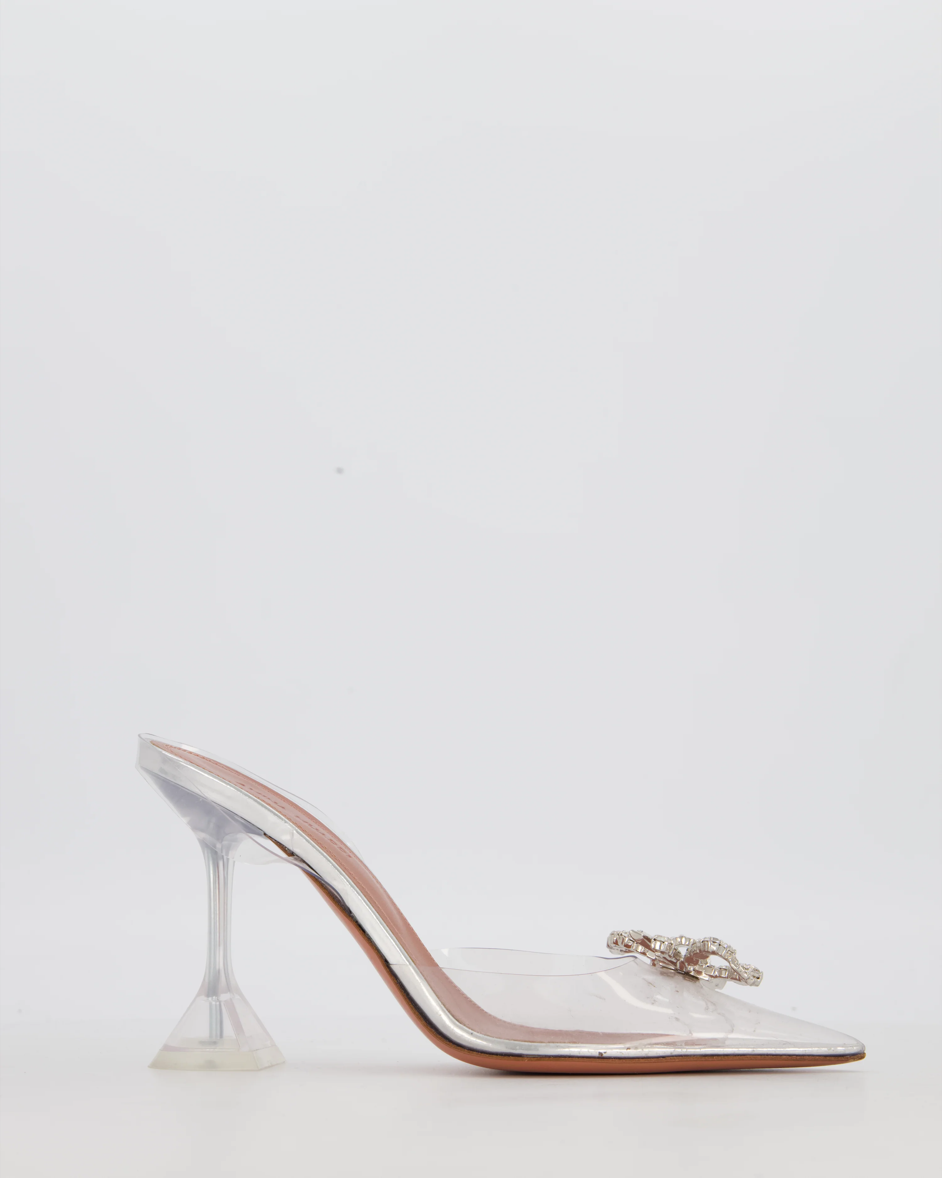 Amina Muaddi Silver PVC Rosie Crystal Pumps Shoes With Bow Details Size EU 36.5