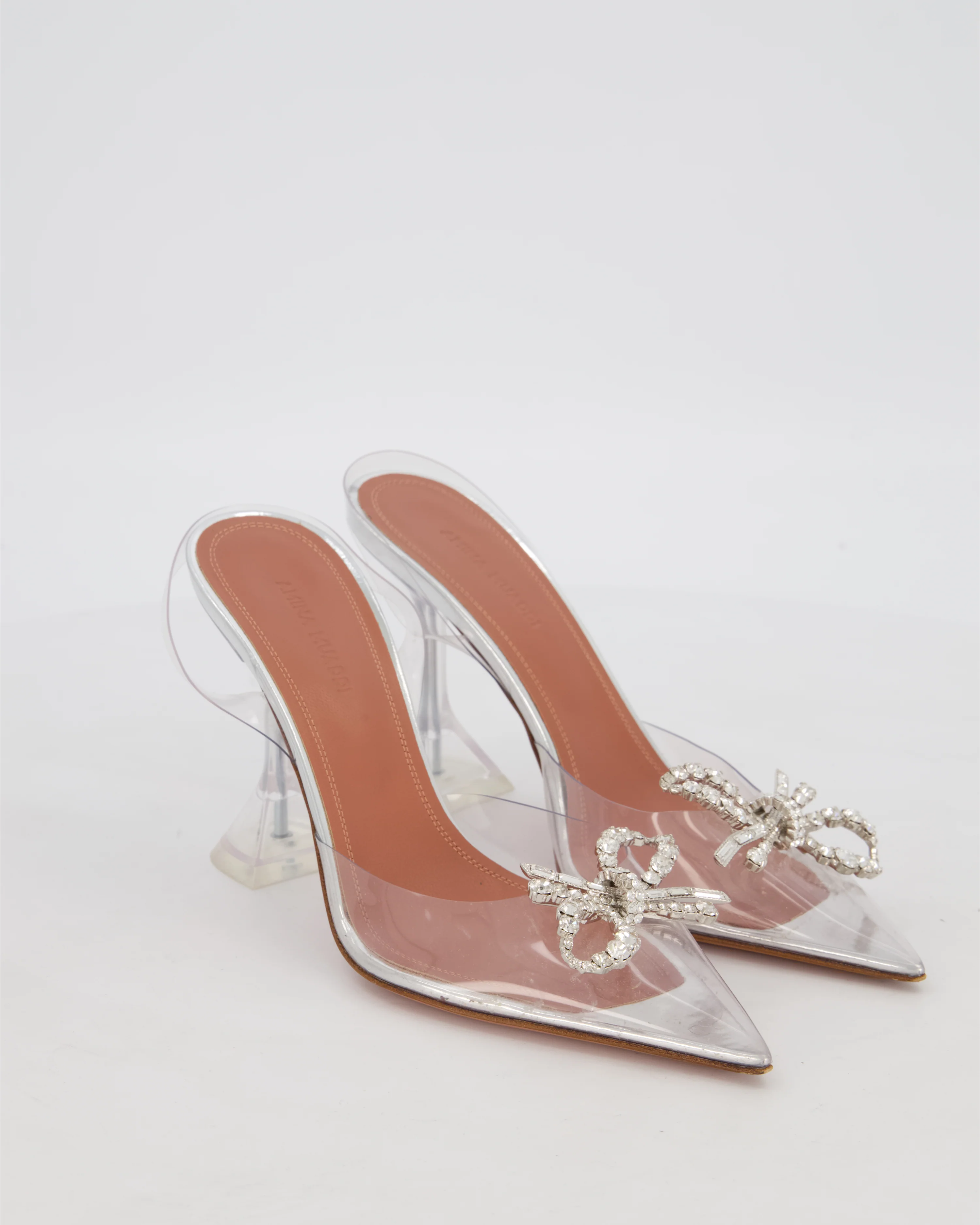 Amina Muaddi Silver PVC Rosie Crystal Pumps Shoes With Bow Details Size EU 36.5 - Image 2