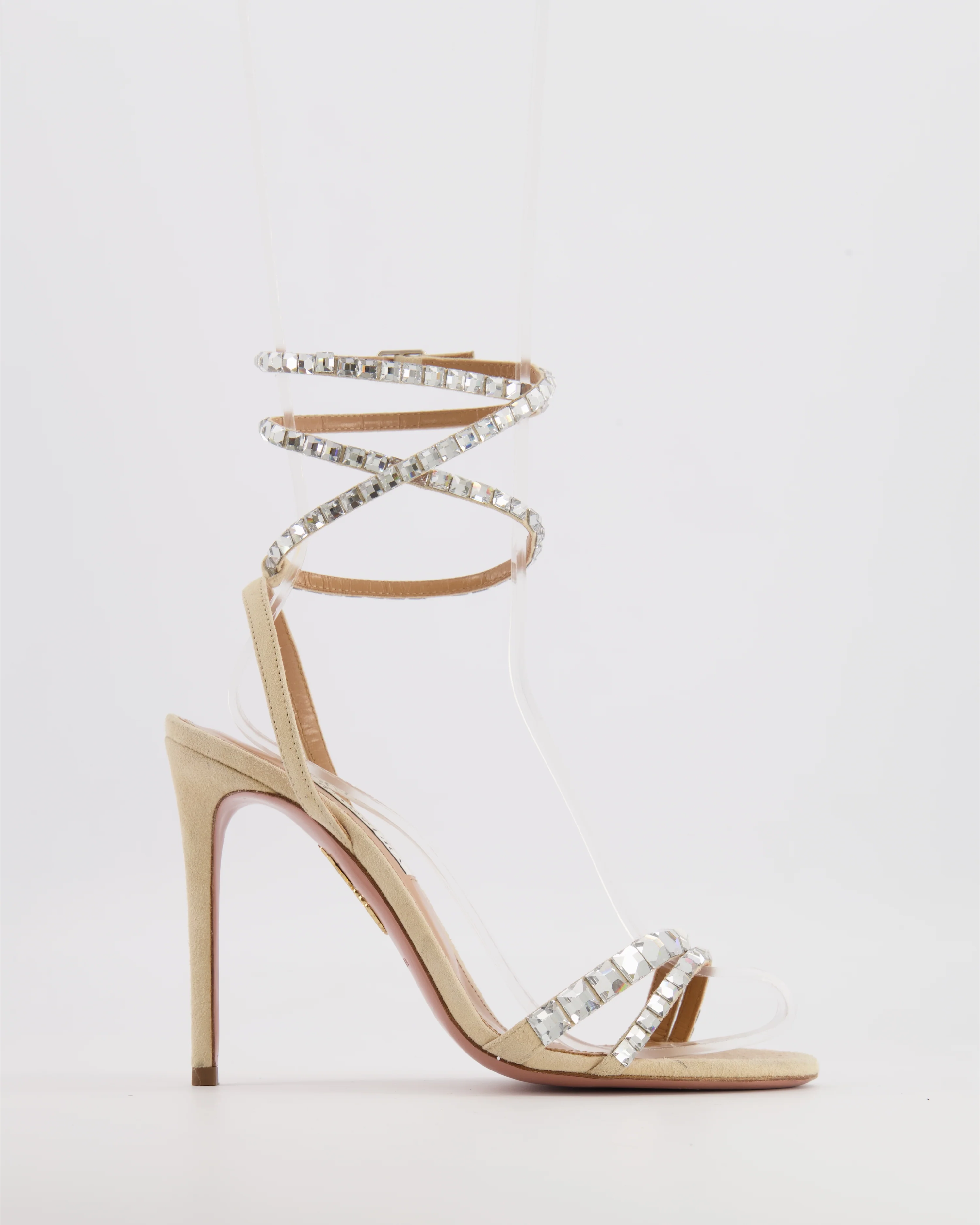 Aquazzura Beige Suede Heeled Sandals with Crystal Embellishments Size EU 37.5