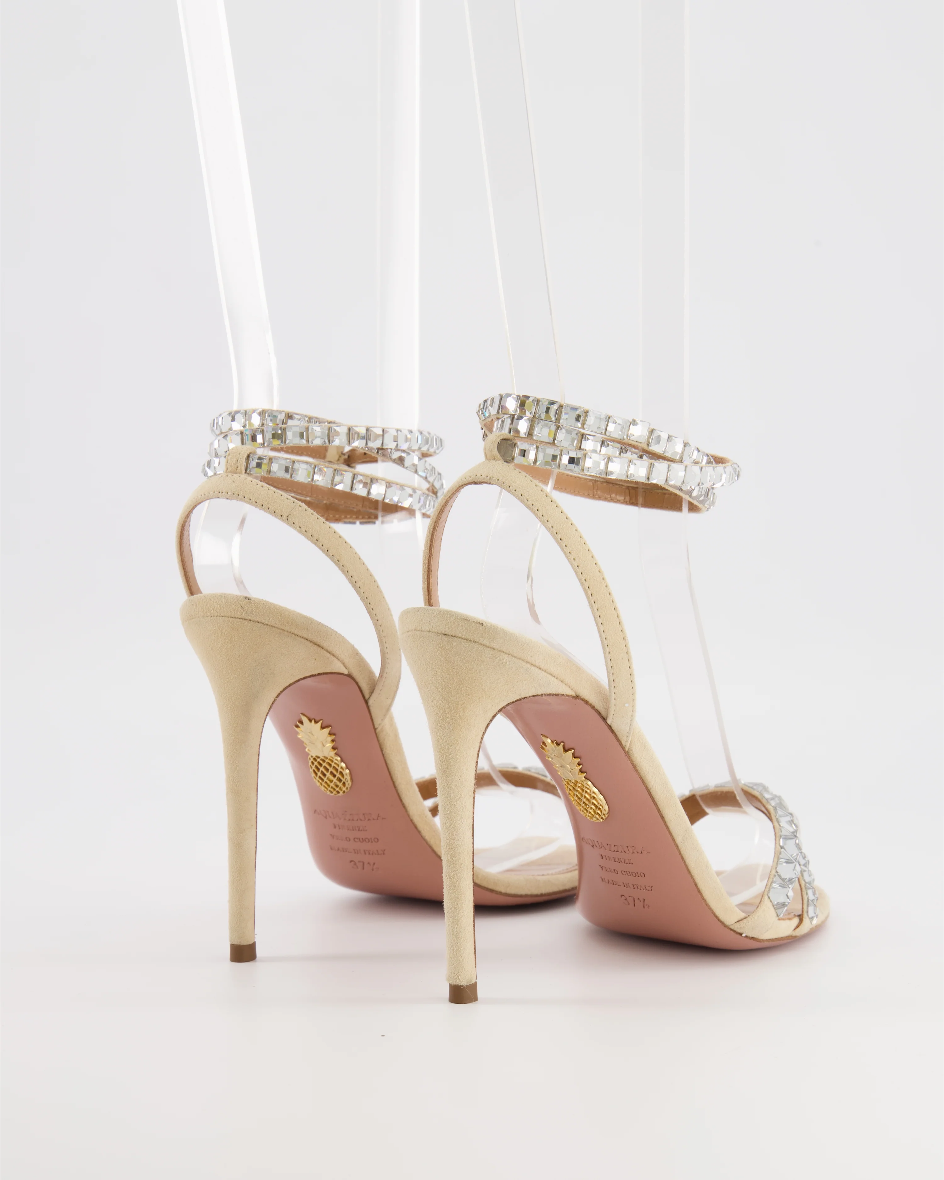 Aquazzura Beige Suede Heeled Sandals with Crystal Embellishments Size EU 37.5 - Image 3