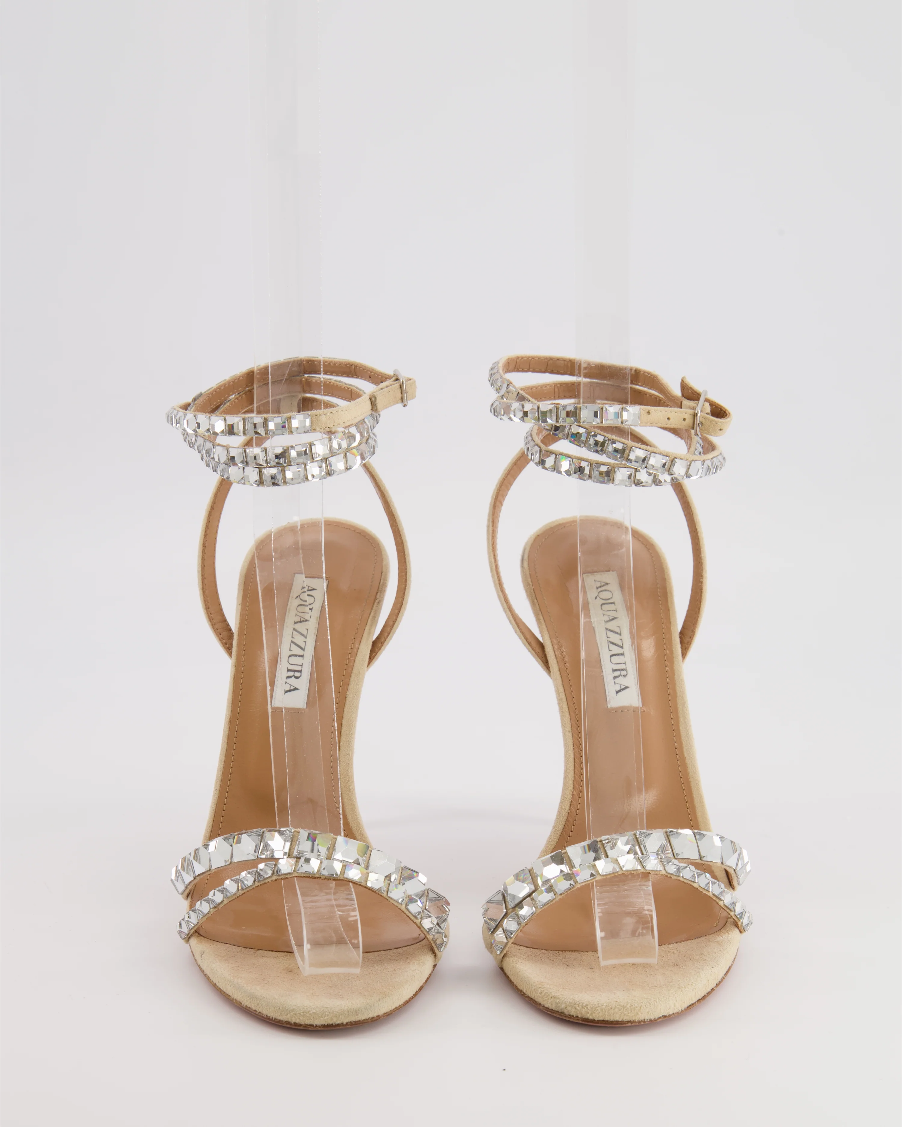 Aquazzura Beige Suede Heeled Sandals with Crystal Embellishments Size EU 37.5 - Image 4