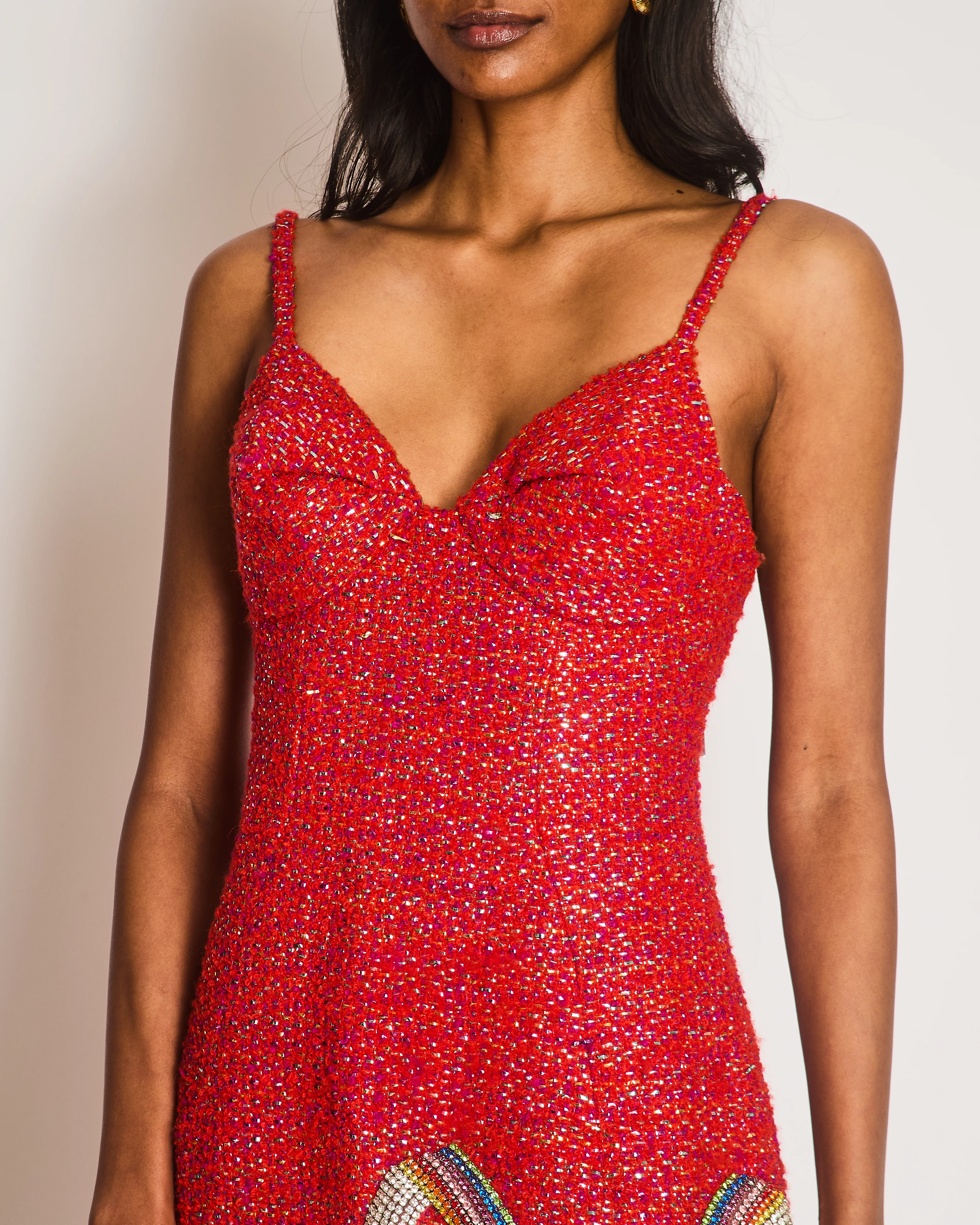 Area Red Tweed Mini Dress with Multicoloured Crystal Embellishments Size US 8 (UK 10) - Image 4