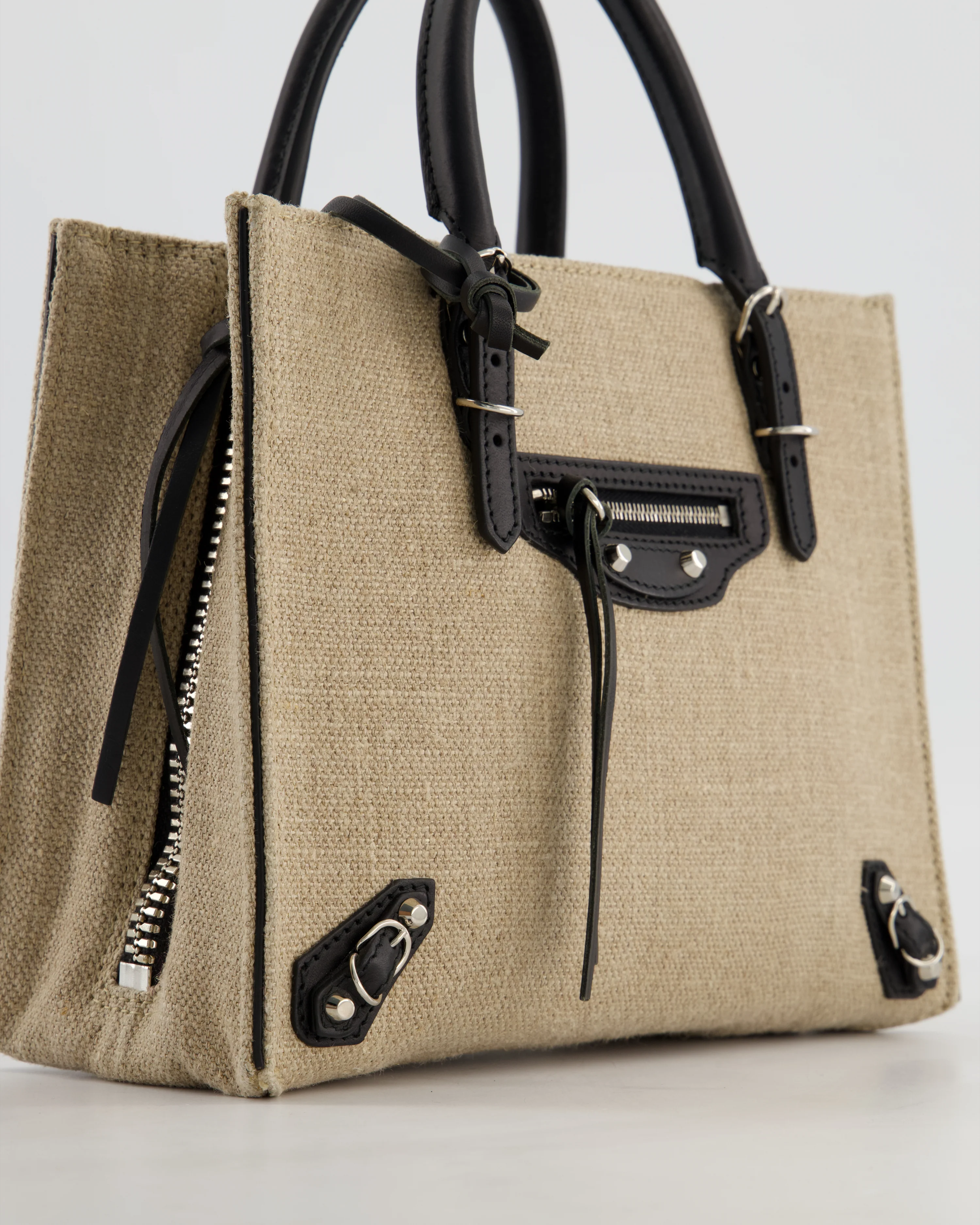 Balenciaga Beige Canvas Mini Papier A4 Tote Bag with a Black Trim and Silver Hardware - Image 12