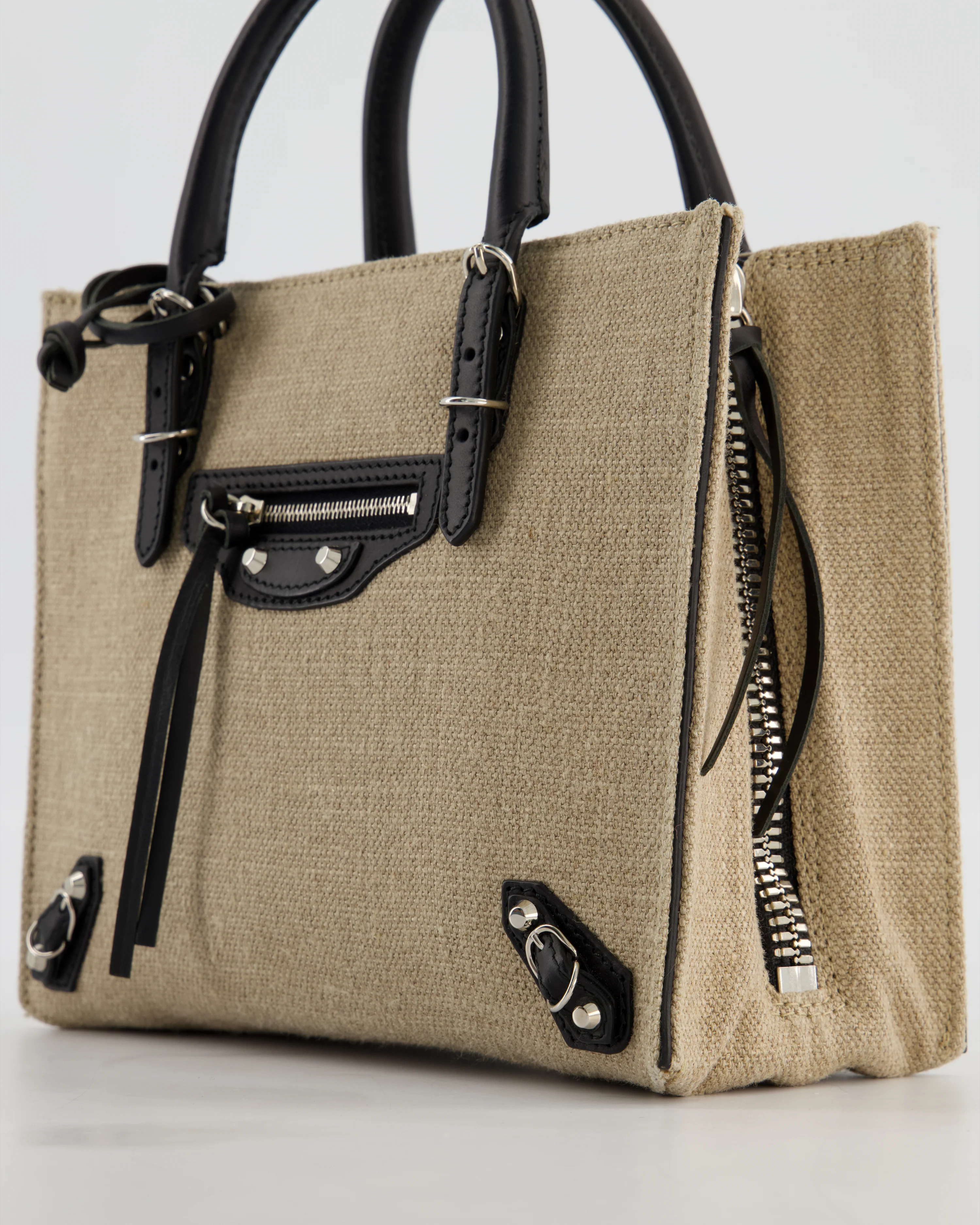 Balenciaga Beige Canvas Mini Papier A4 Tote Bag with a Black Trim and Silver Hardware - Image 13