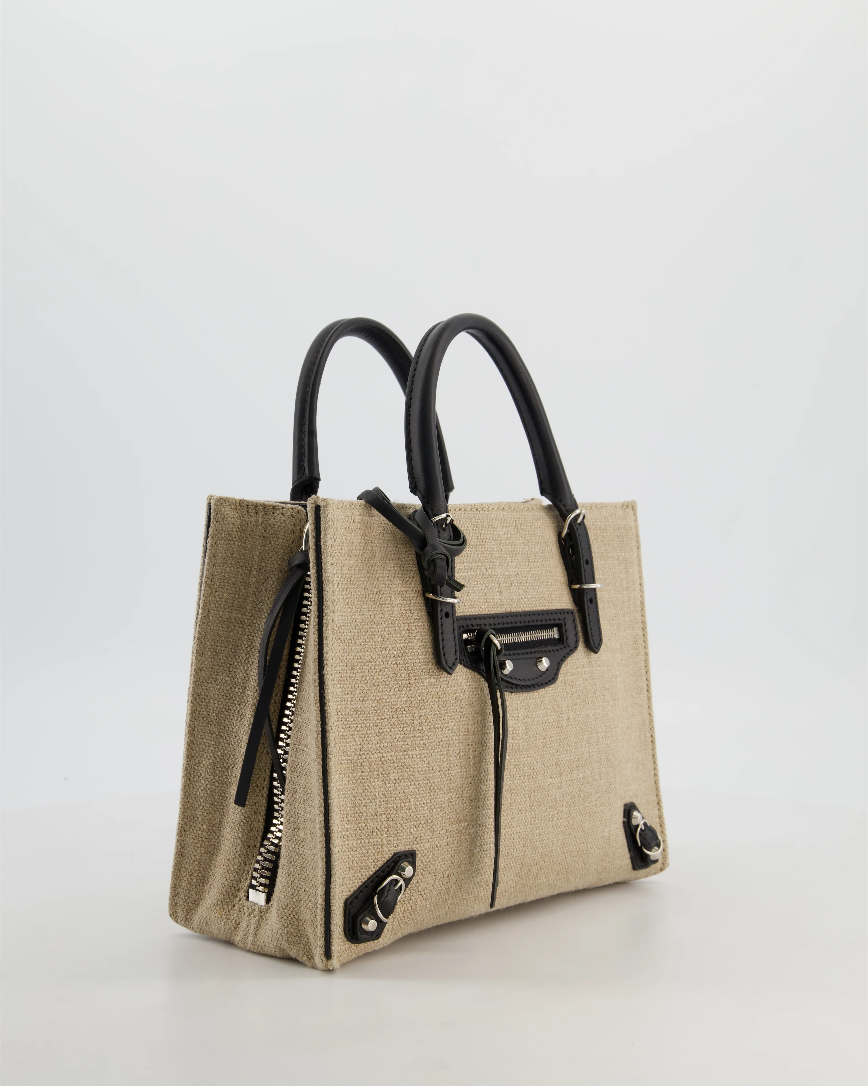 Balenciaga Beige Canvas Mini Papier A4 Tote Bag with a Black Trim and Silver Hardware - Image 5