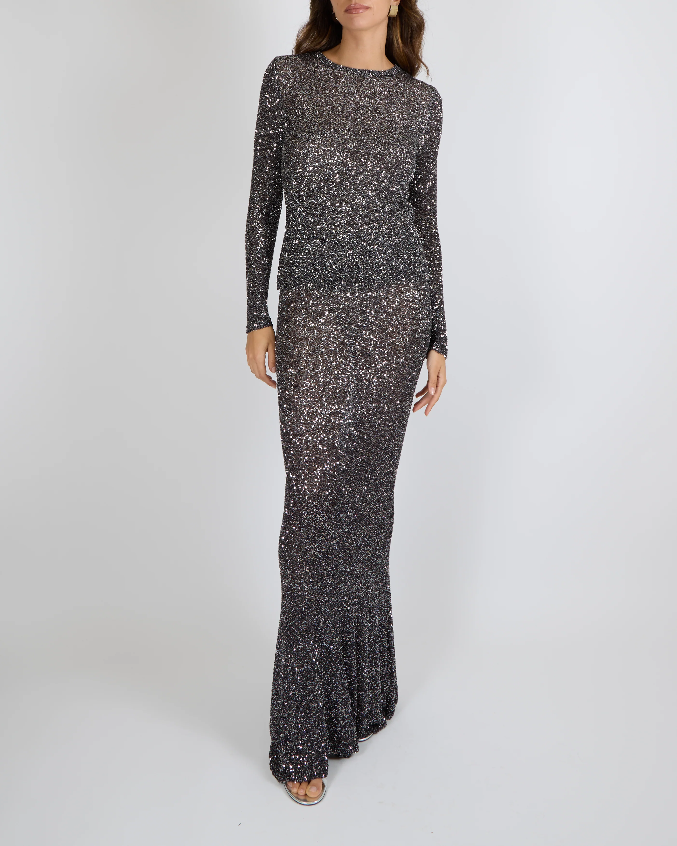 Balenciaga Garde Robe Silver Sequin Long-Sleeved Top and Maxi Skirt Set Size M (UK 10) RRP £3,200