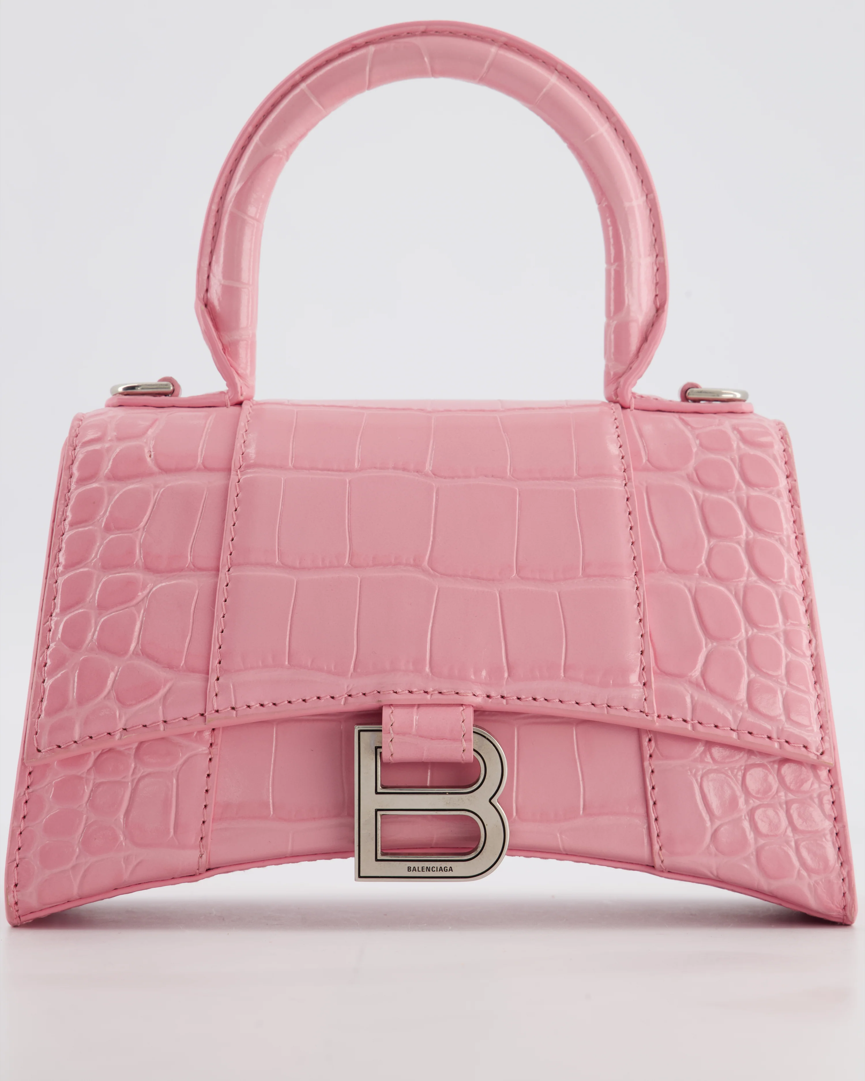 Balenciaga Pink XS Hourglass Top Handle Bag in Croc Effect Calfskin Leather with Silver Hardware RRP £1,850 - Image 15