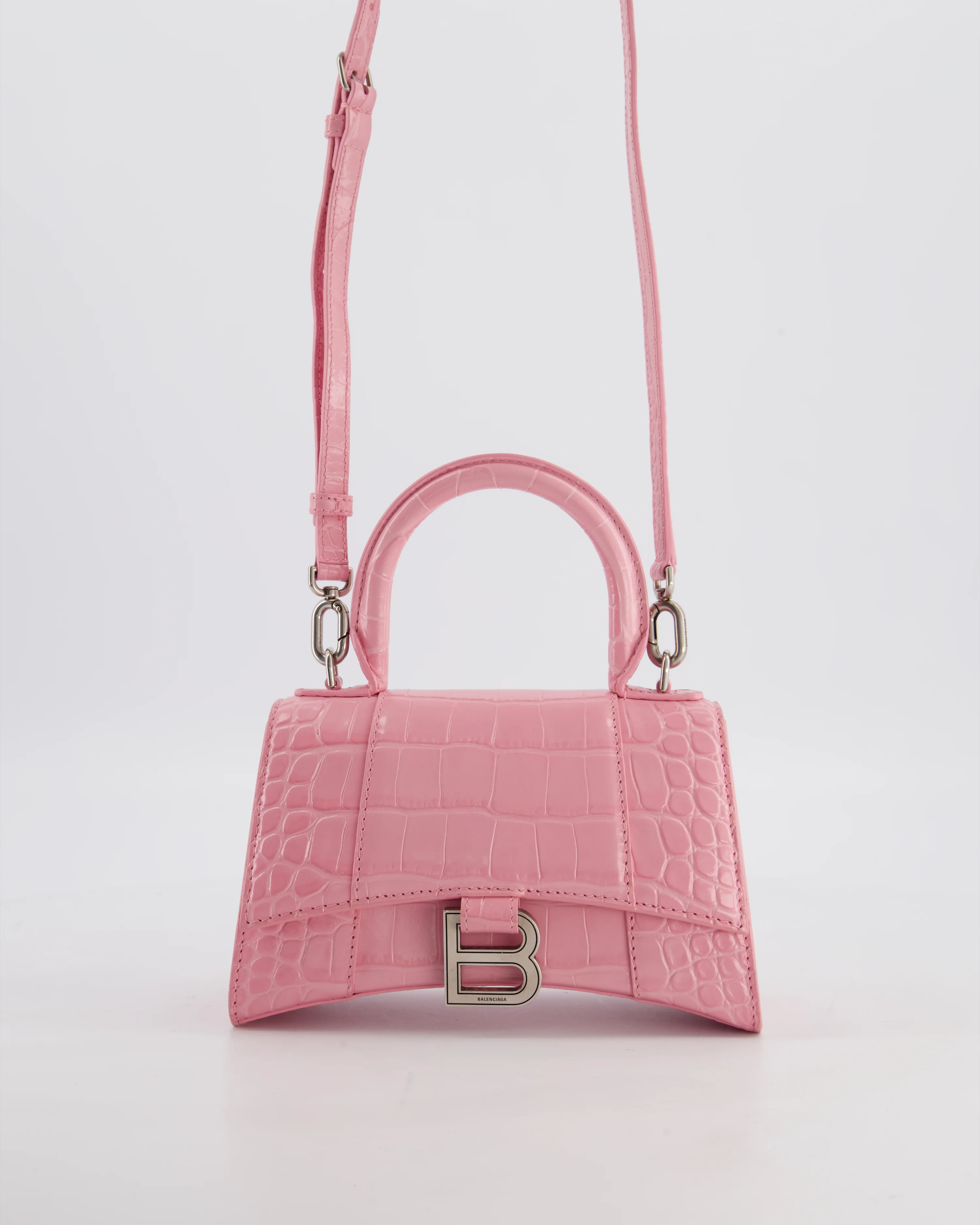 Balenciaga Pink XS Hourglass Top Handle Bag in Croc Effect Calfskin Leather with Silver Hardware RRP £1,850 - Image 2