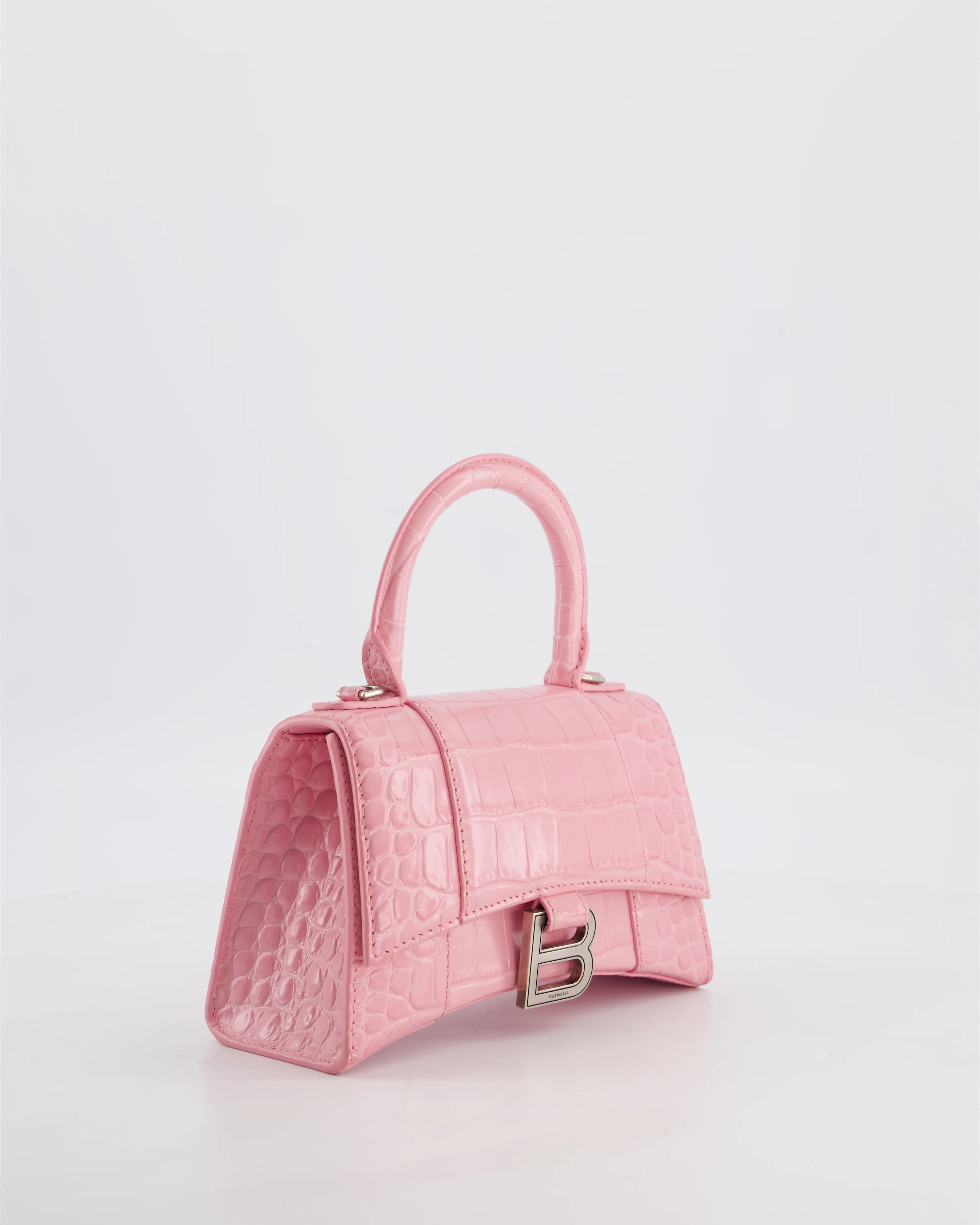Balenciaga Pink XS Hourglass Top Handle Bag in Croc Effect Calfskin Leather with Silver Hardware RRP £1,850 - Image 4