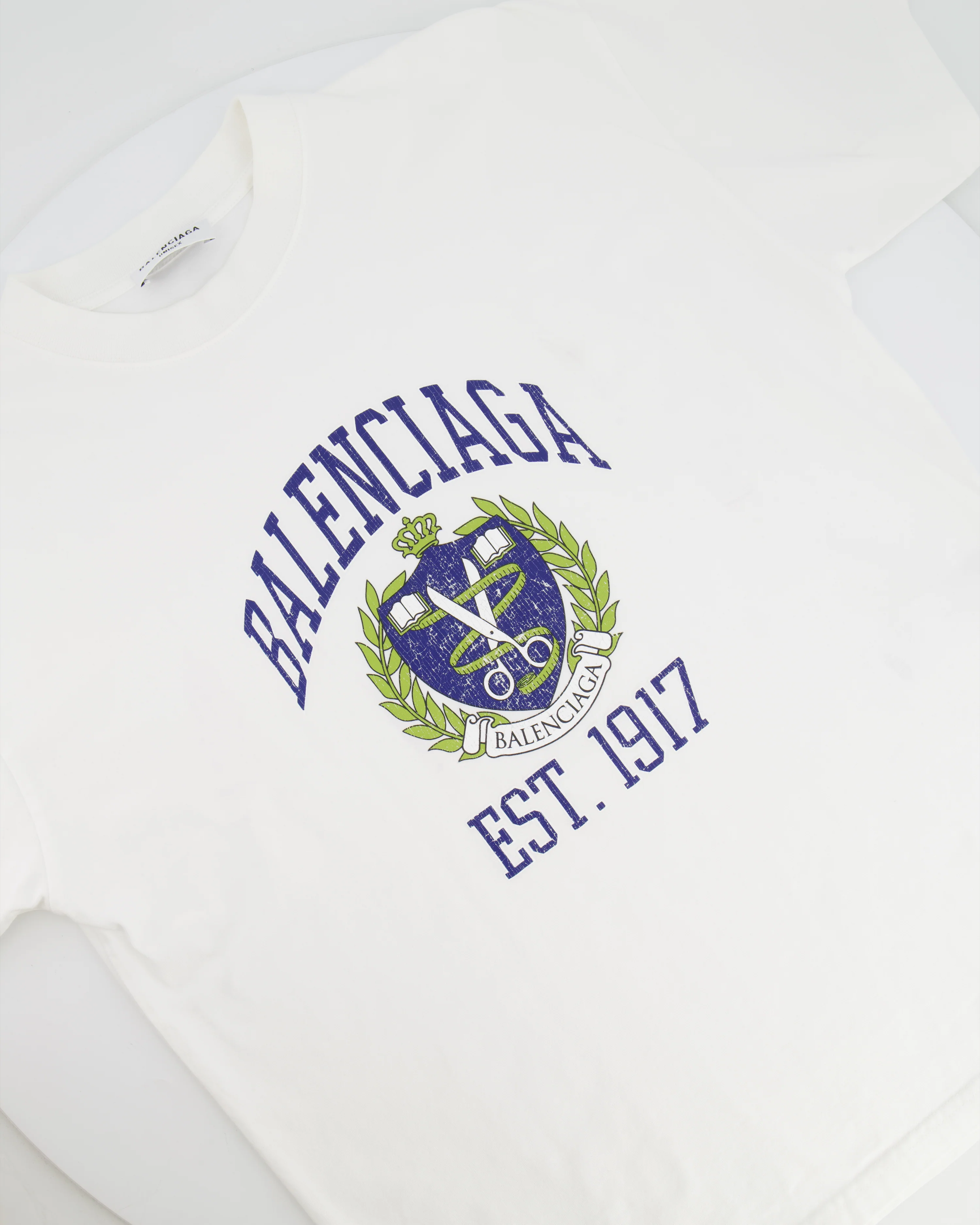 Balenciaga White T-Shirt with Navy Logo and Crest Print Size S (UK 8)