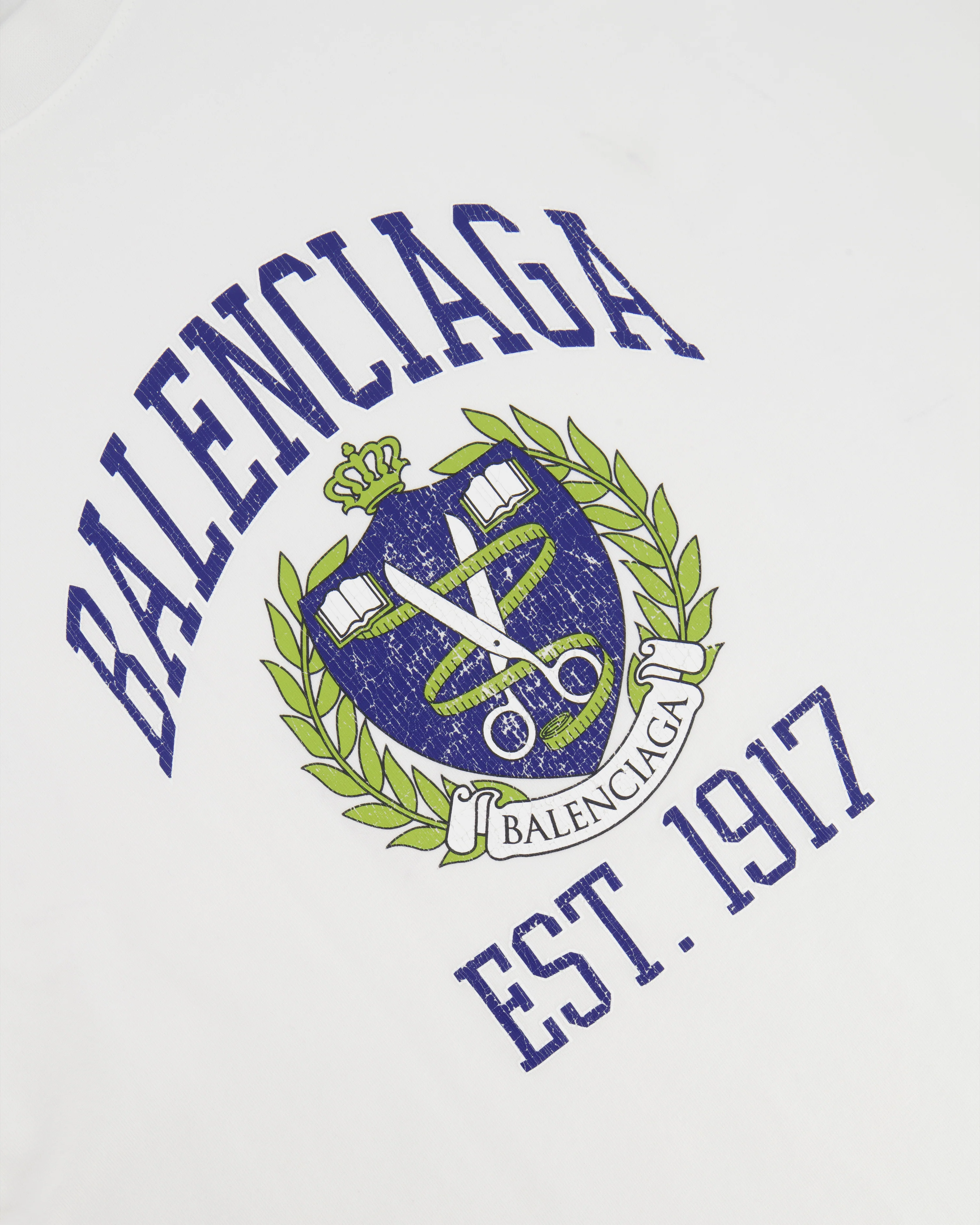 Balenciaga White T-Shirt with Navy Logo and Crest Print Size S (UK 8) - Image 2