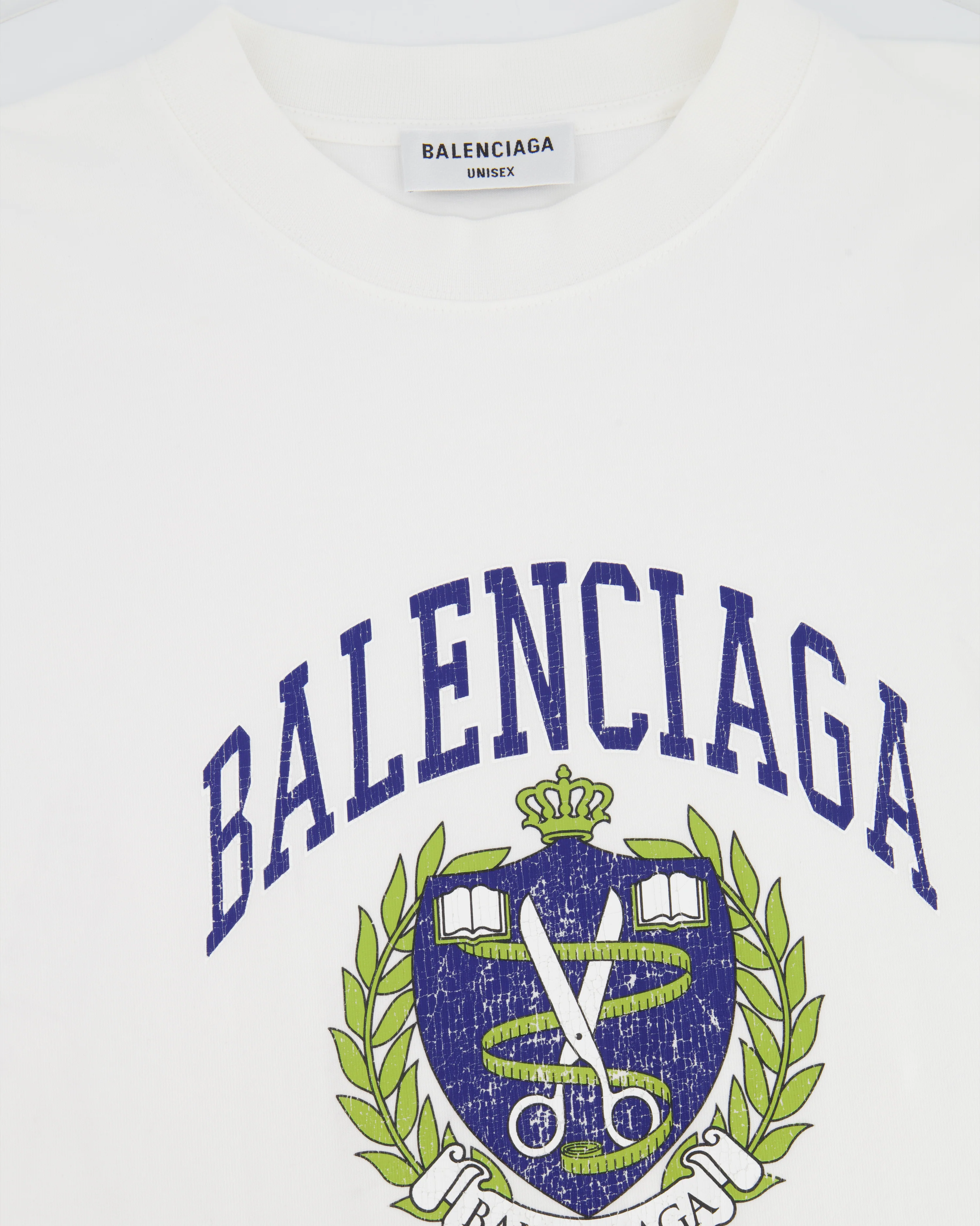 Balenciaga White T-Shirt with Navy Logo and Crest Print Size S (UK 8) - Image 3