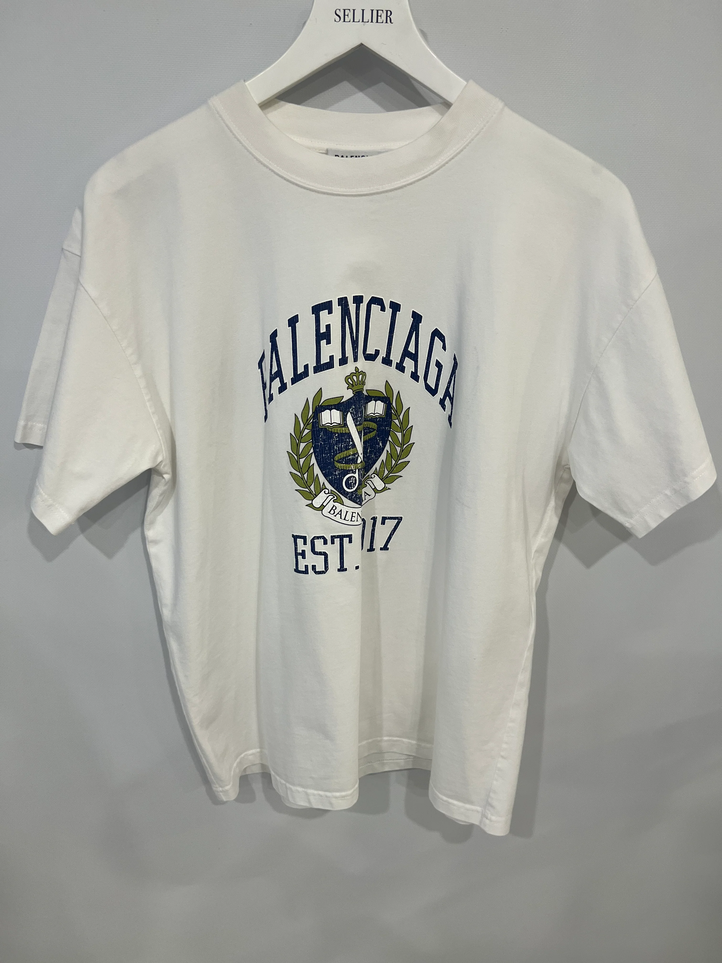 Balenciaga White T-Shirt with Navy Logo and Crest Print Size S (UK 8) - Image 4