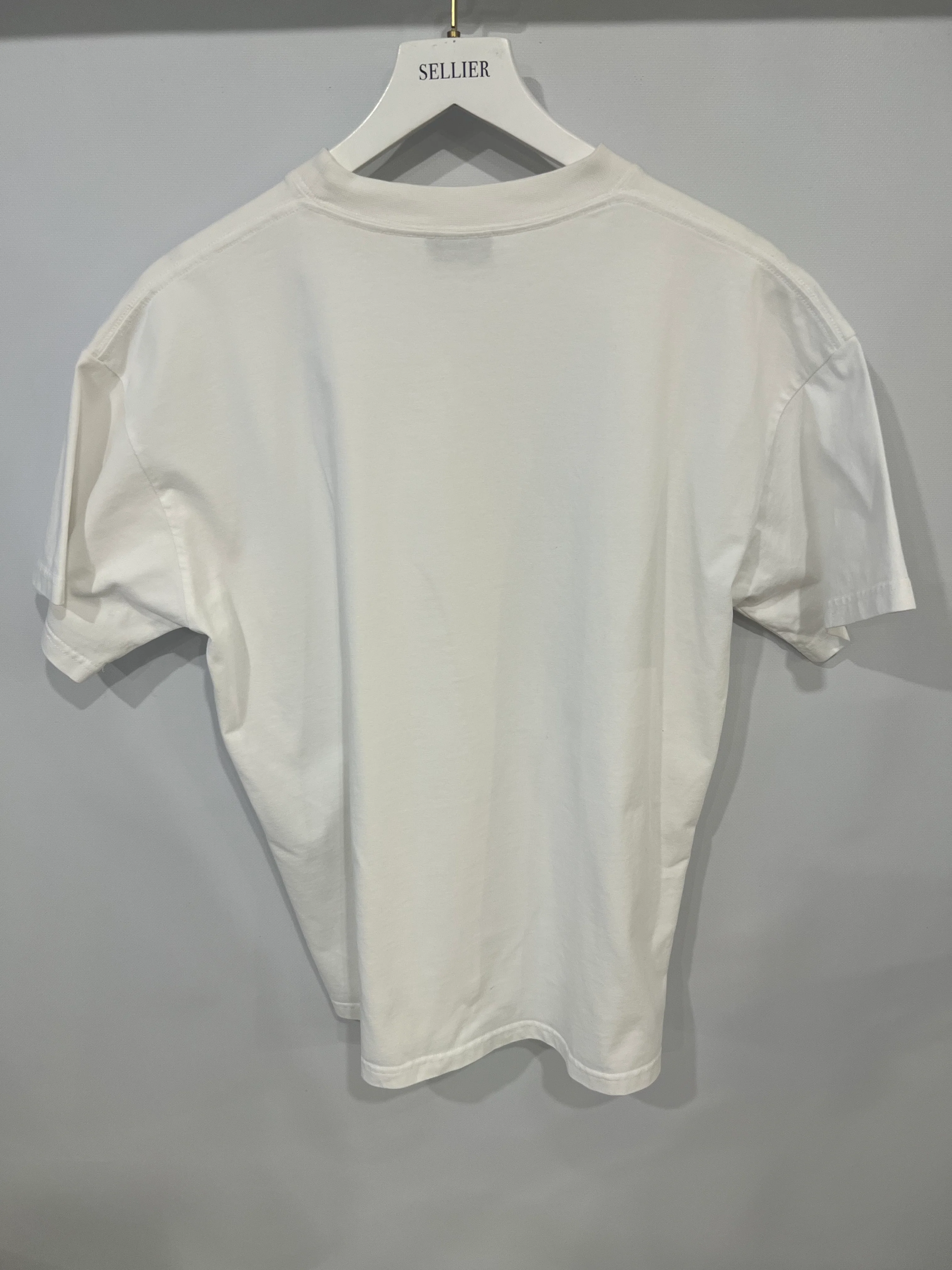 Balenciaga White T-Shirt with Navy Logo and Crest Print Size S (UK 8) - Image 5