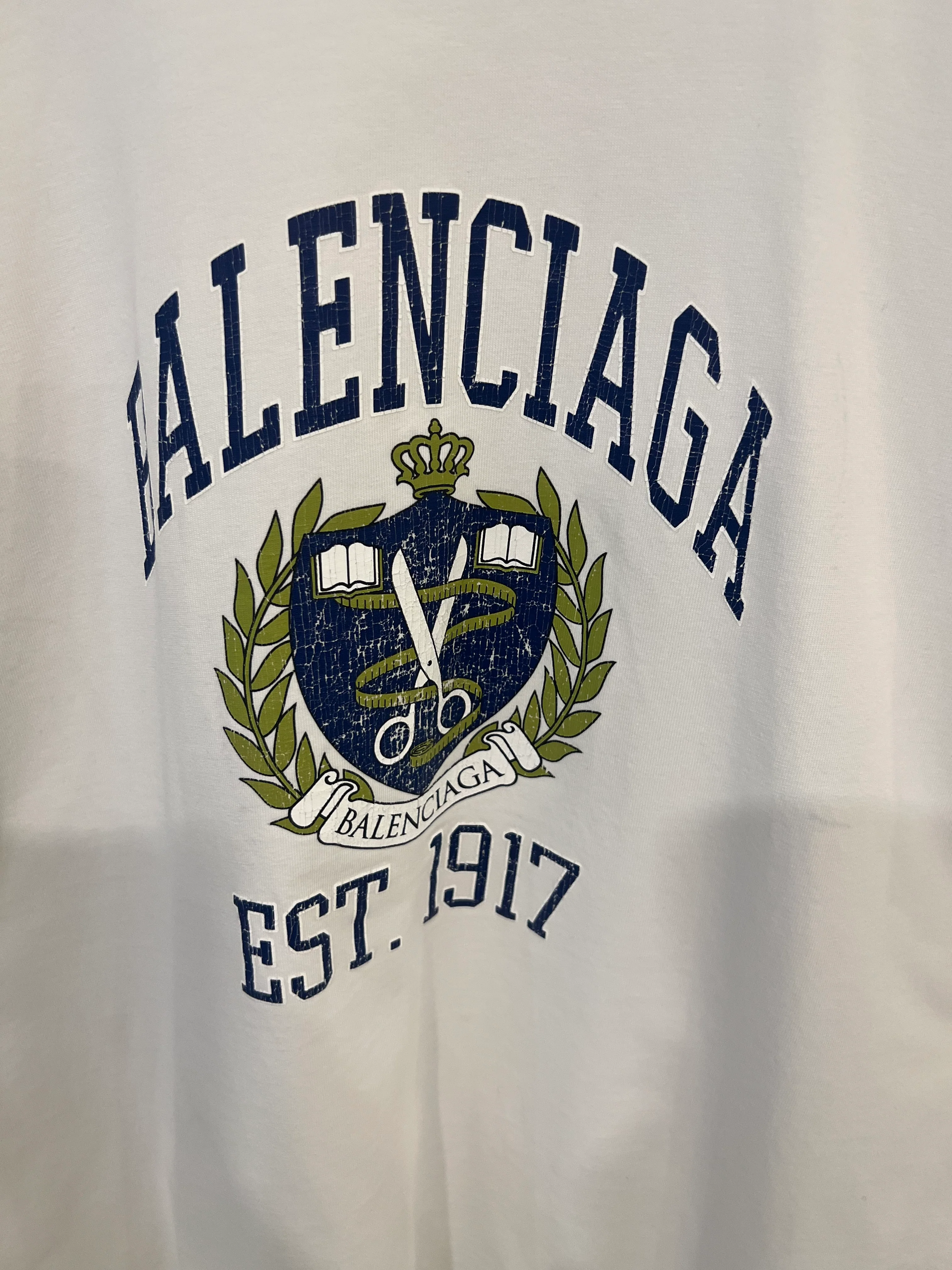 Balenciaga White T-Shirt with Navy Logo and Crest Print Size S (UK 8) - Image 6