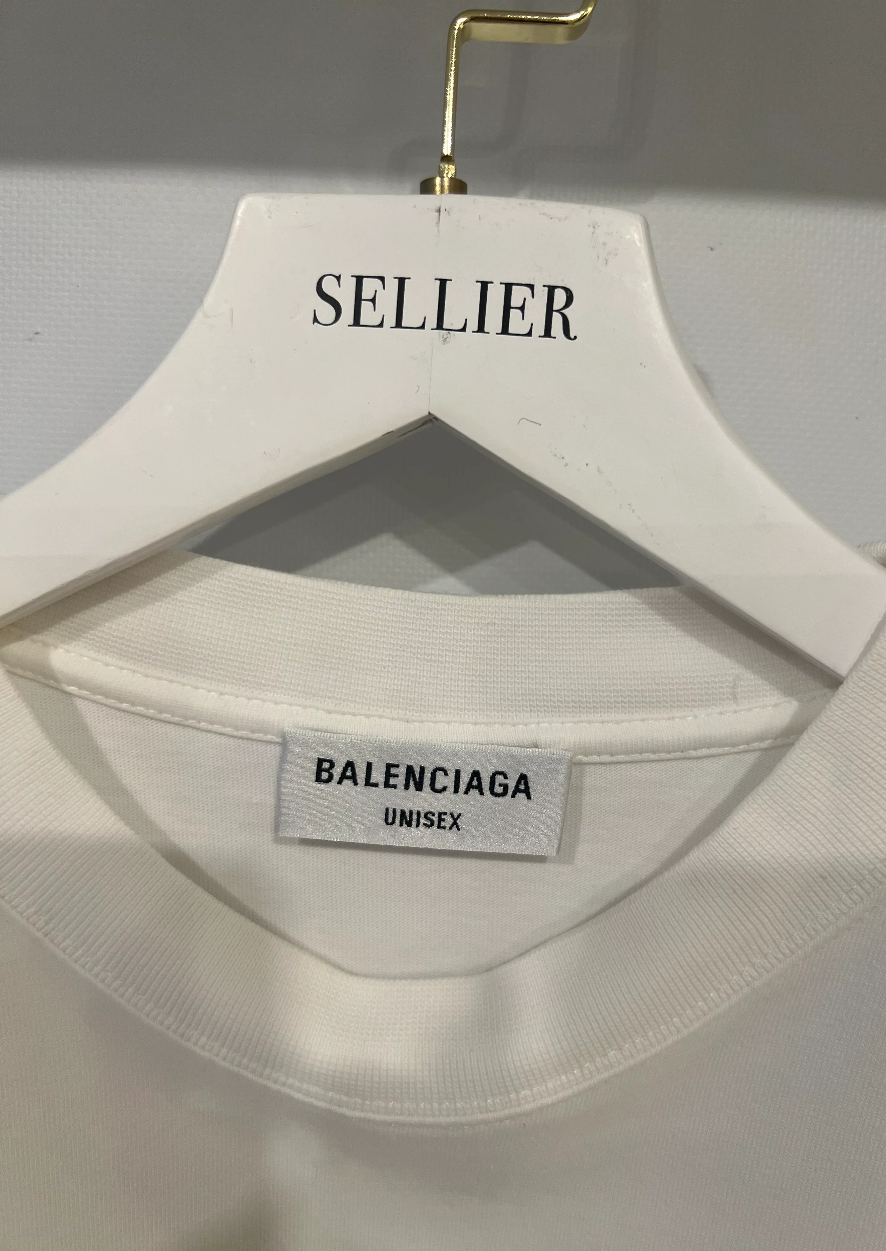 Balenciaga White T-Shirt with Navy Logo and Crest Print Size S (UK 8) - Image 7