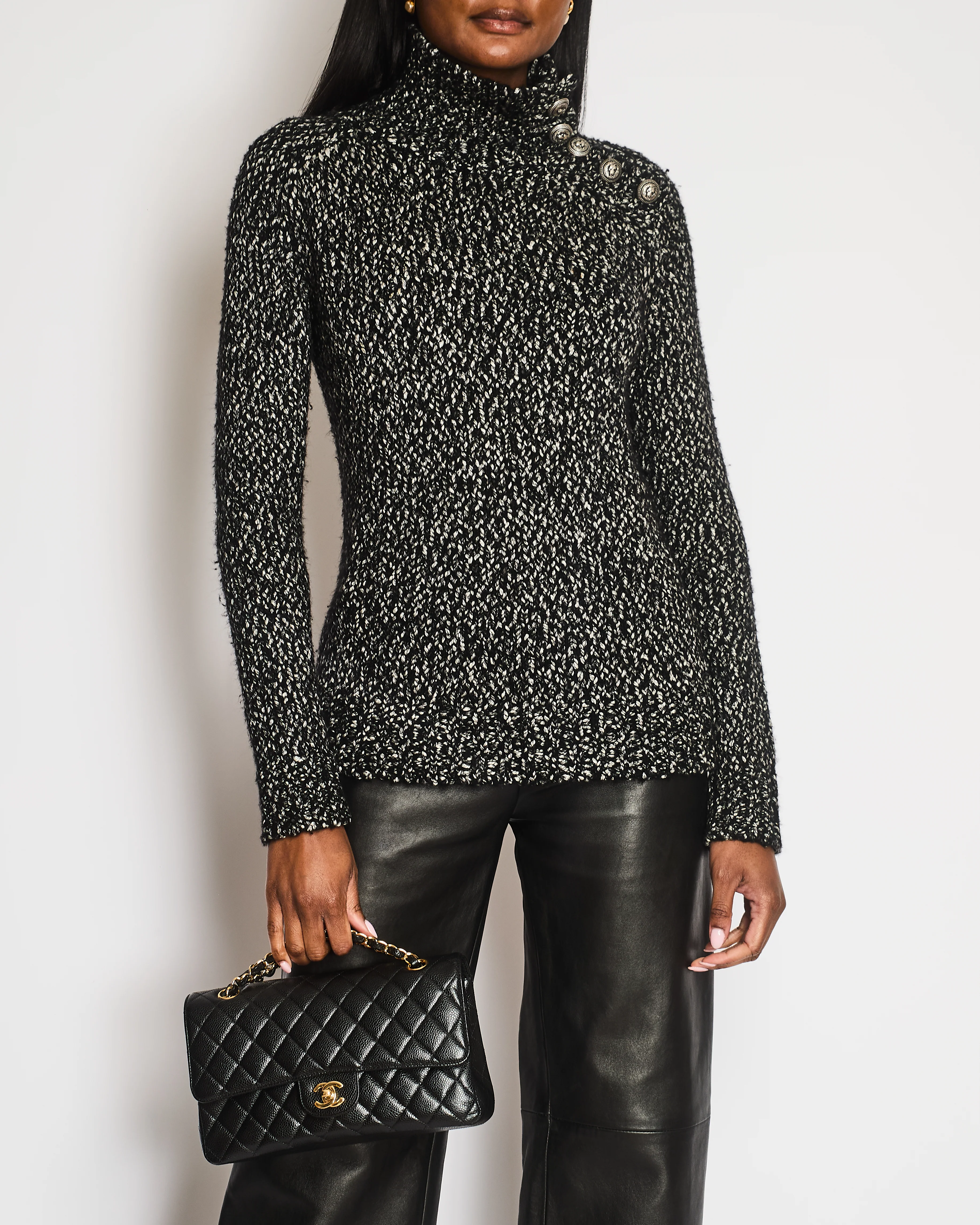 Balmain Black and White Knitted High-Neck Jumper with Silver Lion Buttons Size FR 36 (UK 8)