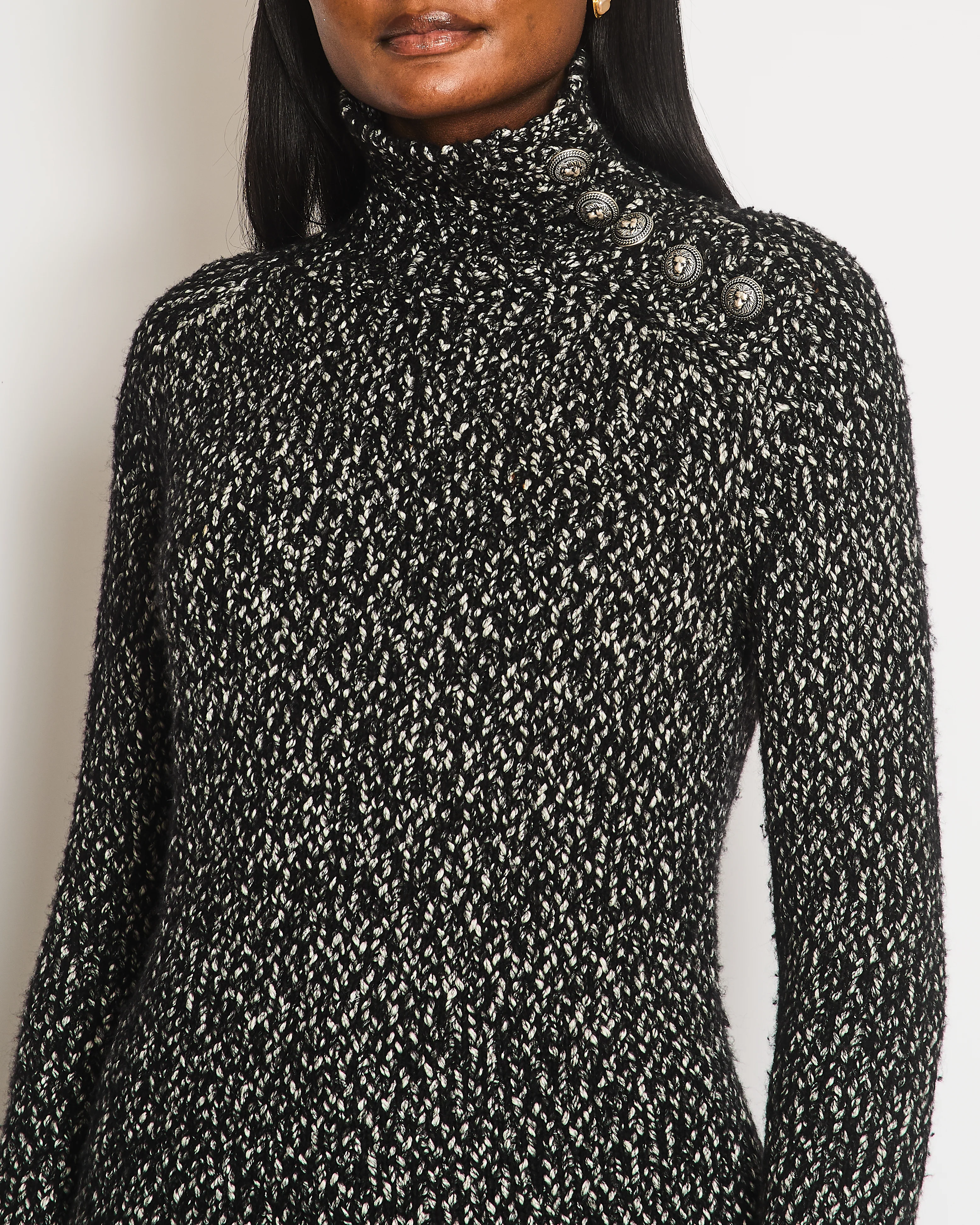Balmain Black and White Knitted High-Neck Jumper with Silver Lion Buttons Size FR 36 (UK 8) - Image 2