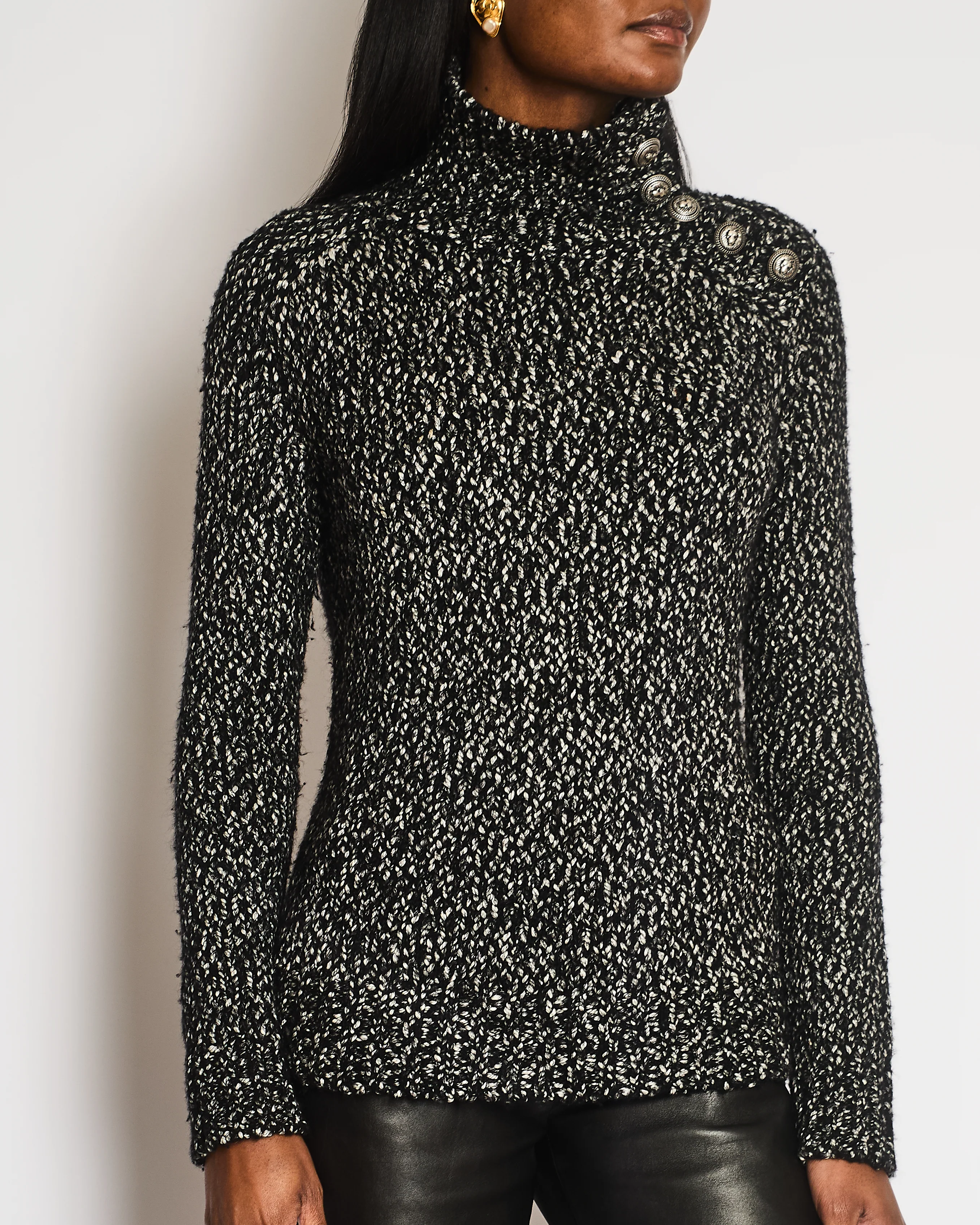 Balmain Black and White Knitted High-Neck Jumper with Silver Lion Buttons Size FR 36 (UK 8) - Image 4