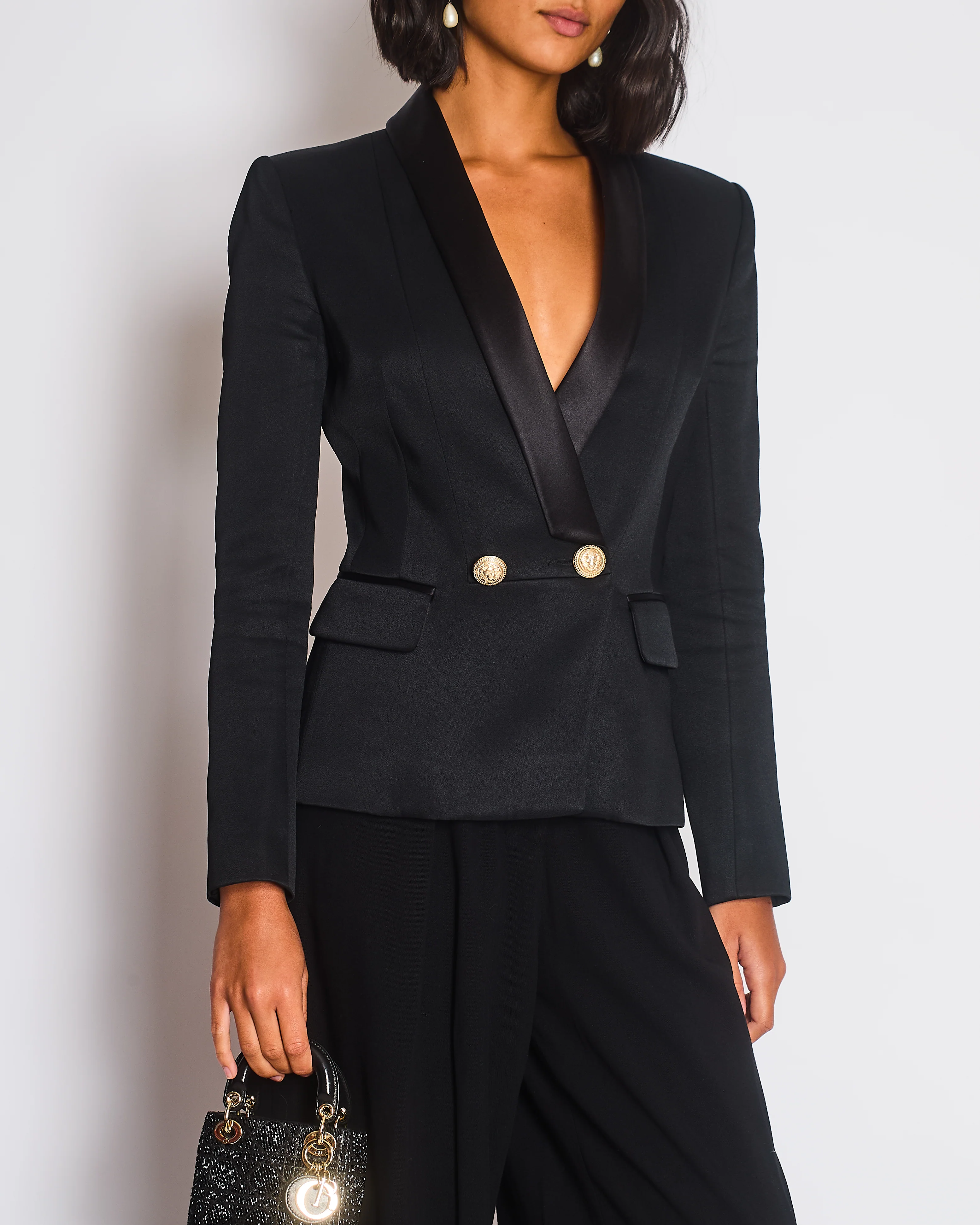 Balmain Black Blazer Jacket with Gold Buttons and Silk Trim Detail Size FR 38 (UK 10) - Image 2