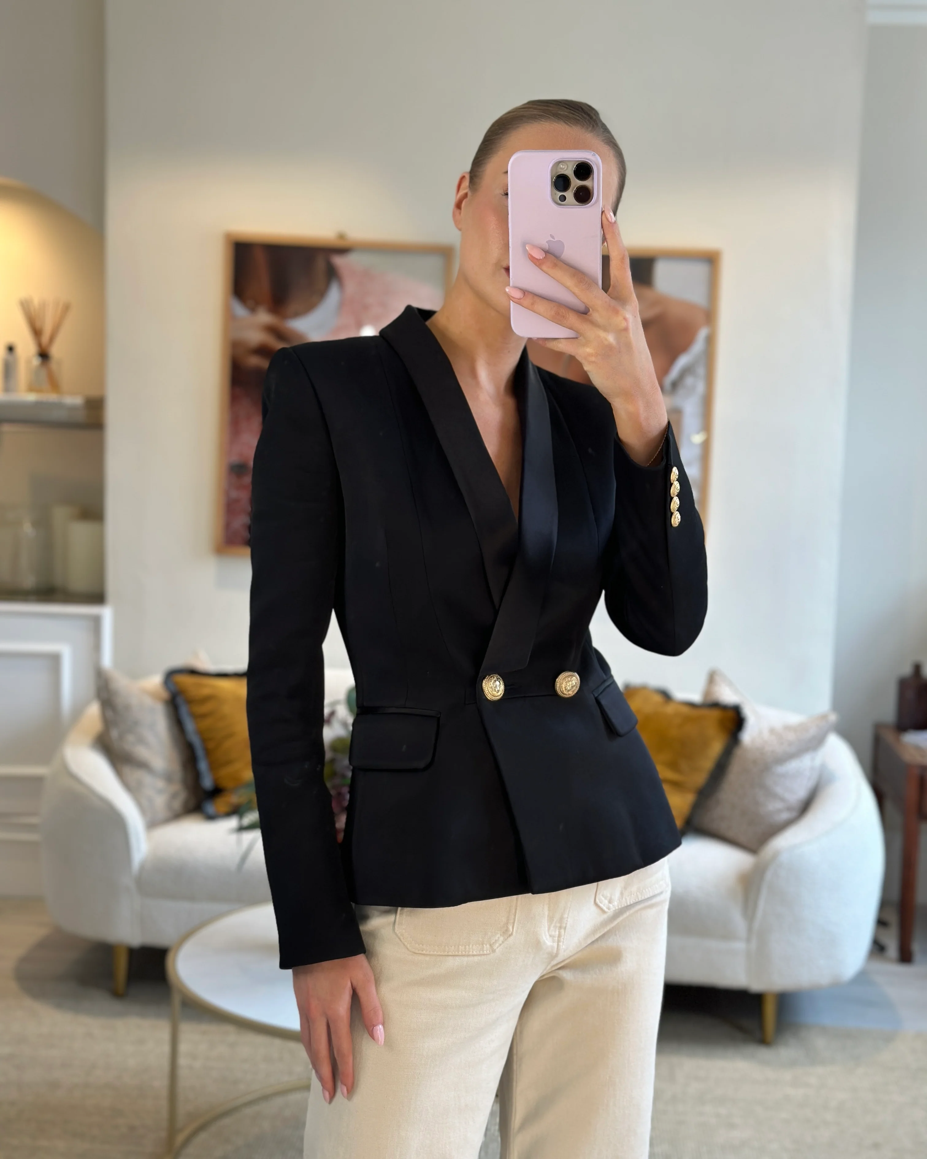 Balmain Black Blazer Jacket with Gold Buttons and Silk Trim Detail Size FR 38 (UK 10) - Image 5