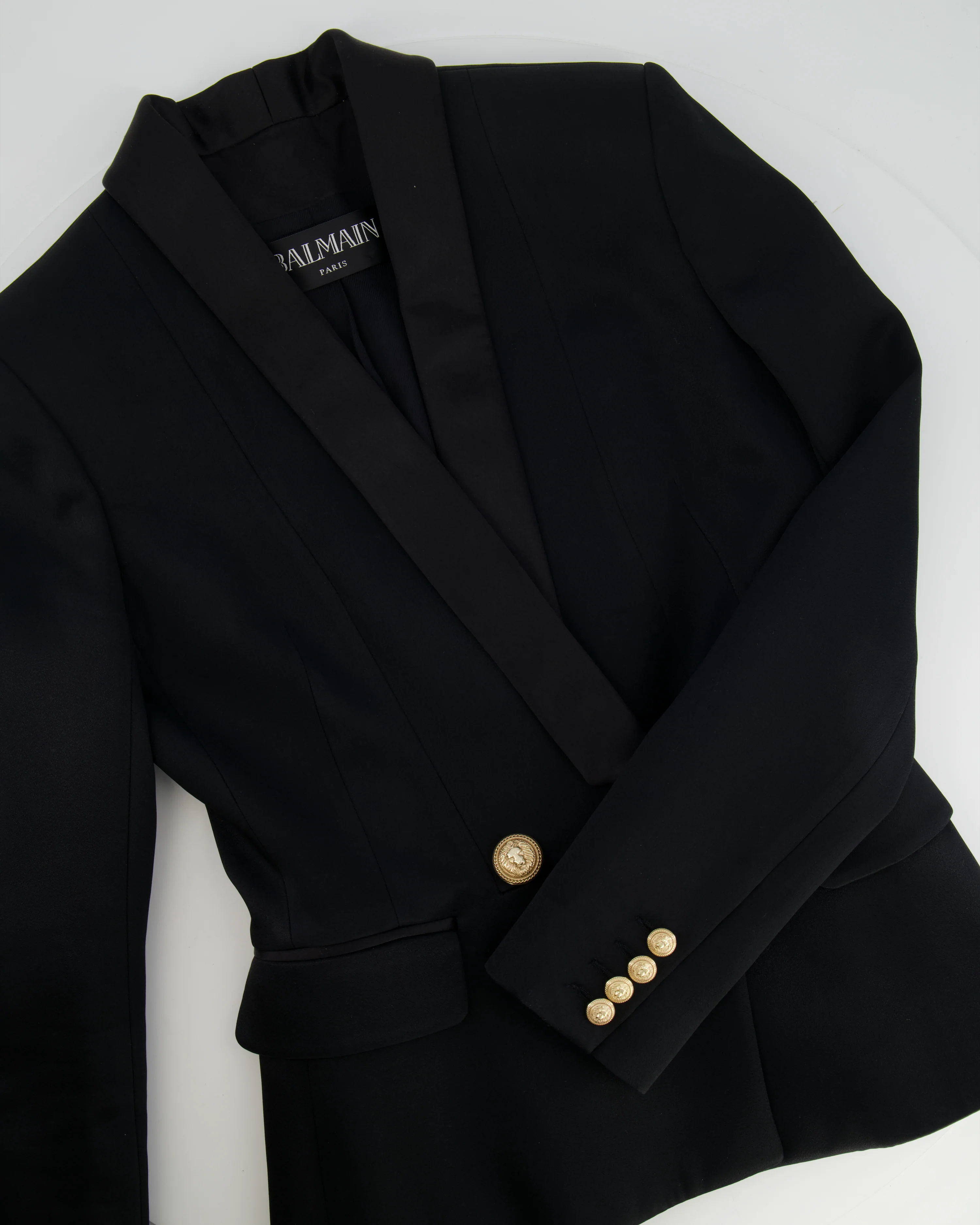Balmain Black Blazer Jacket with Gold Buttons and Silk Trim Detail Size FR 38 (UK 10) - Image 7