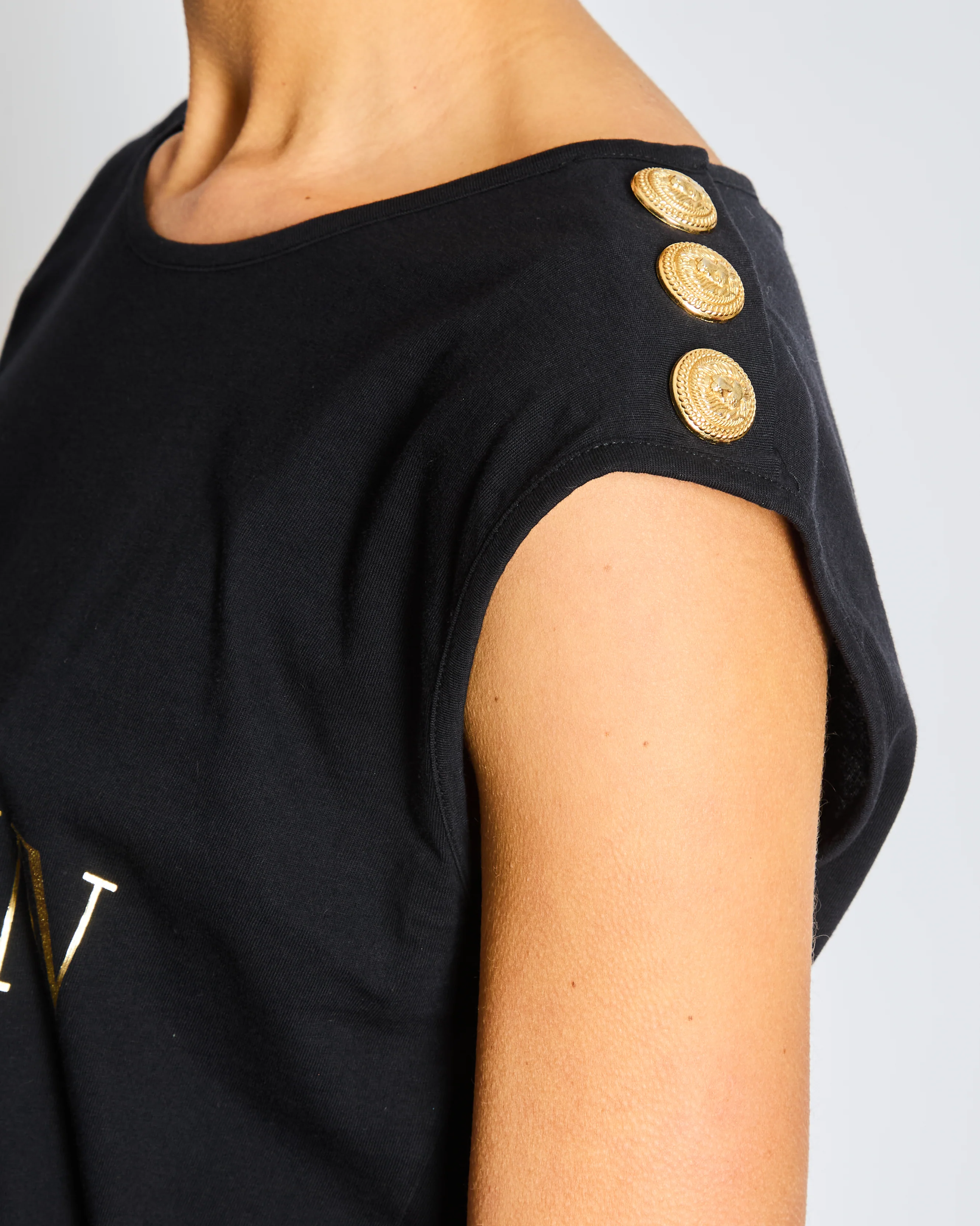 Balmain Black Cotton T-Shirt with Gold Buttons Size FR 36 (UK 8) - Image 3