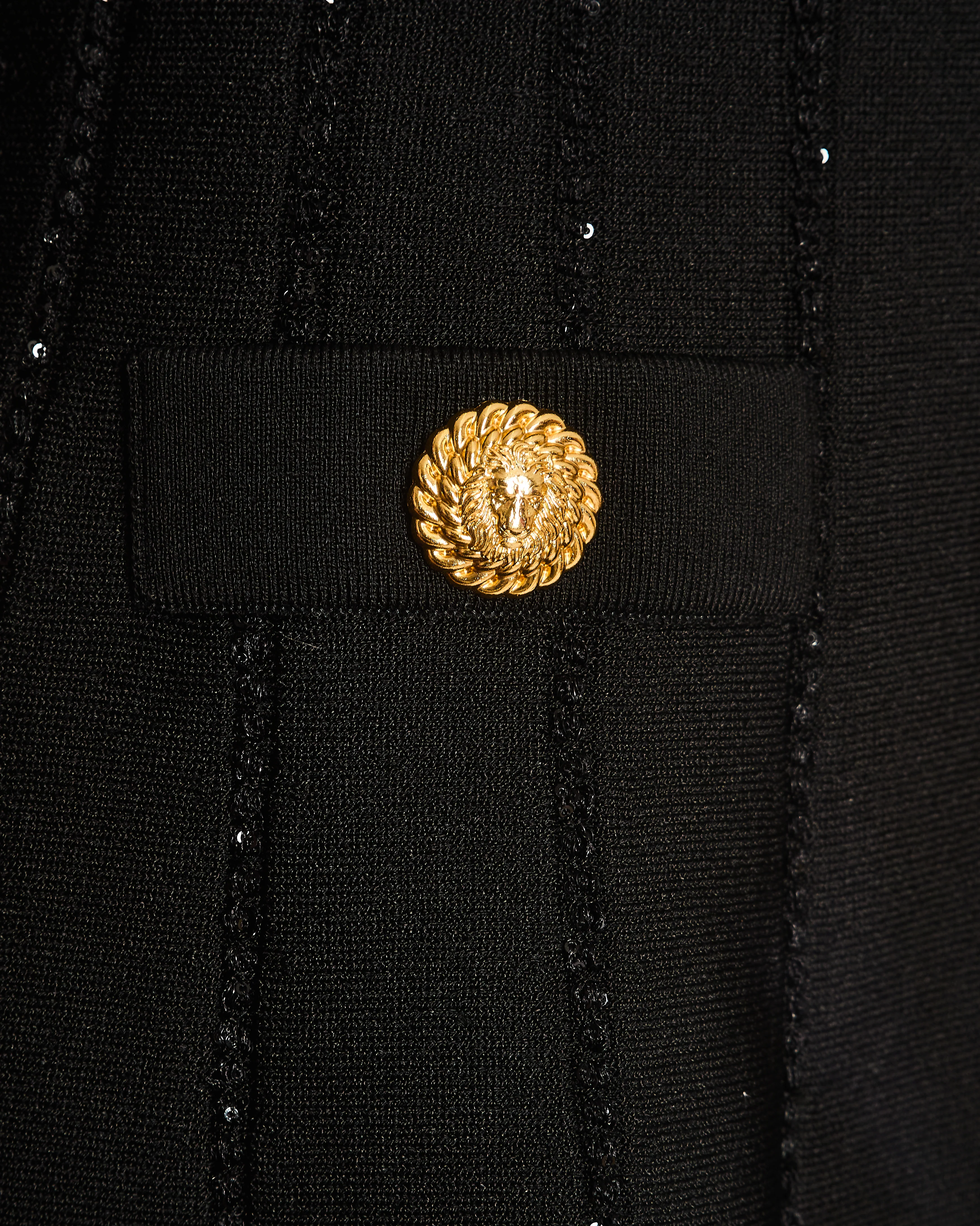 Balmain Black Knit Mini Skirt with Sequin Rib Details and Gold Lion Buttons with Gold Back Zipper Detail Size FR 40 (UK 12) - Image 4