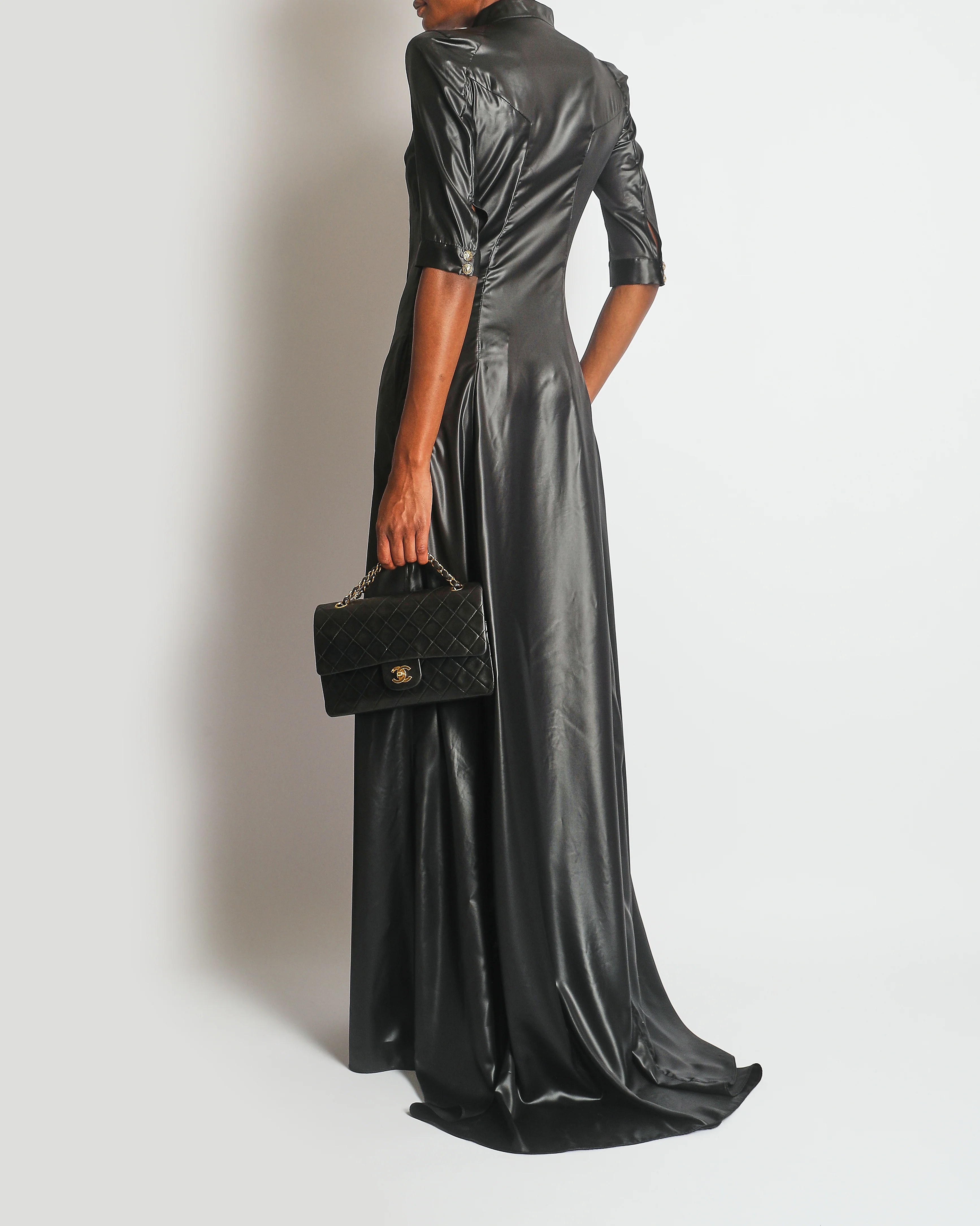 Balmain Black Leather Effect Maxi Dress with Gold Button Details Size FR 38 (UK 10) - Image 2