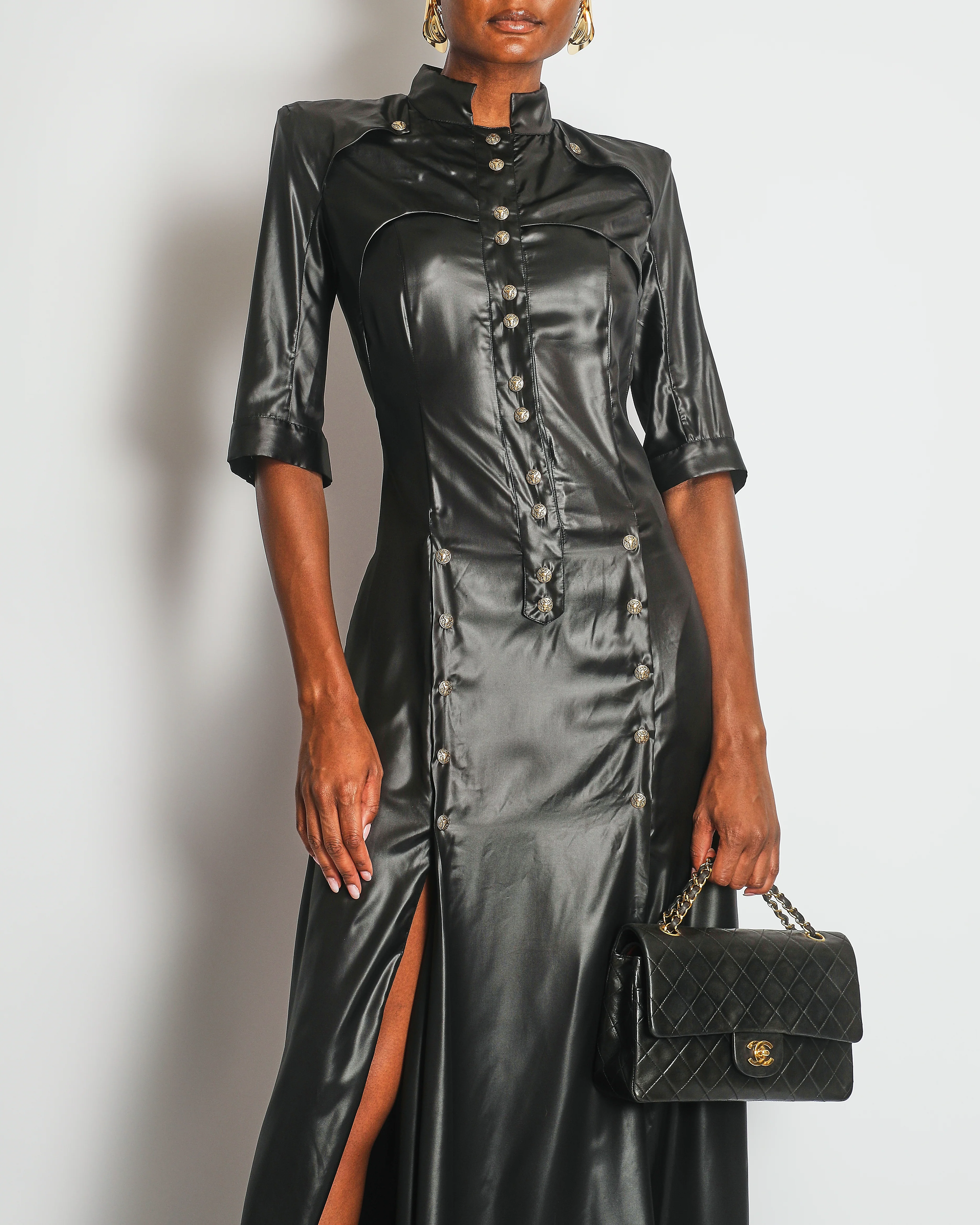 Balmain Black Leather Effect Maxi Dress with Gold Button Details Size FR 38 (UK 10) - Image 3