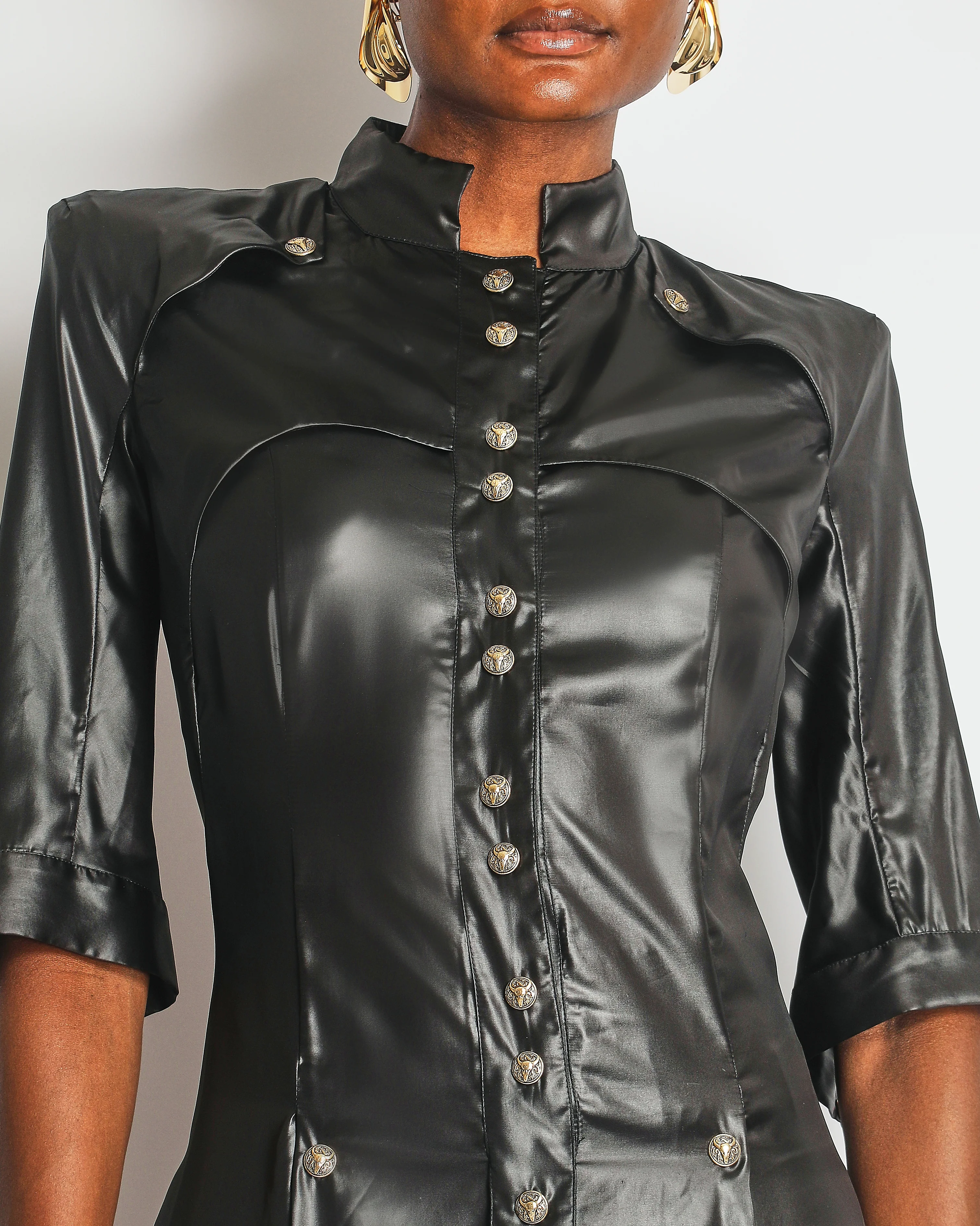 Balmain Black Leather Effect Maxi Dress with Gold Button Details Size FR 38 (UK 10) - Image 4
