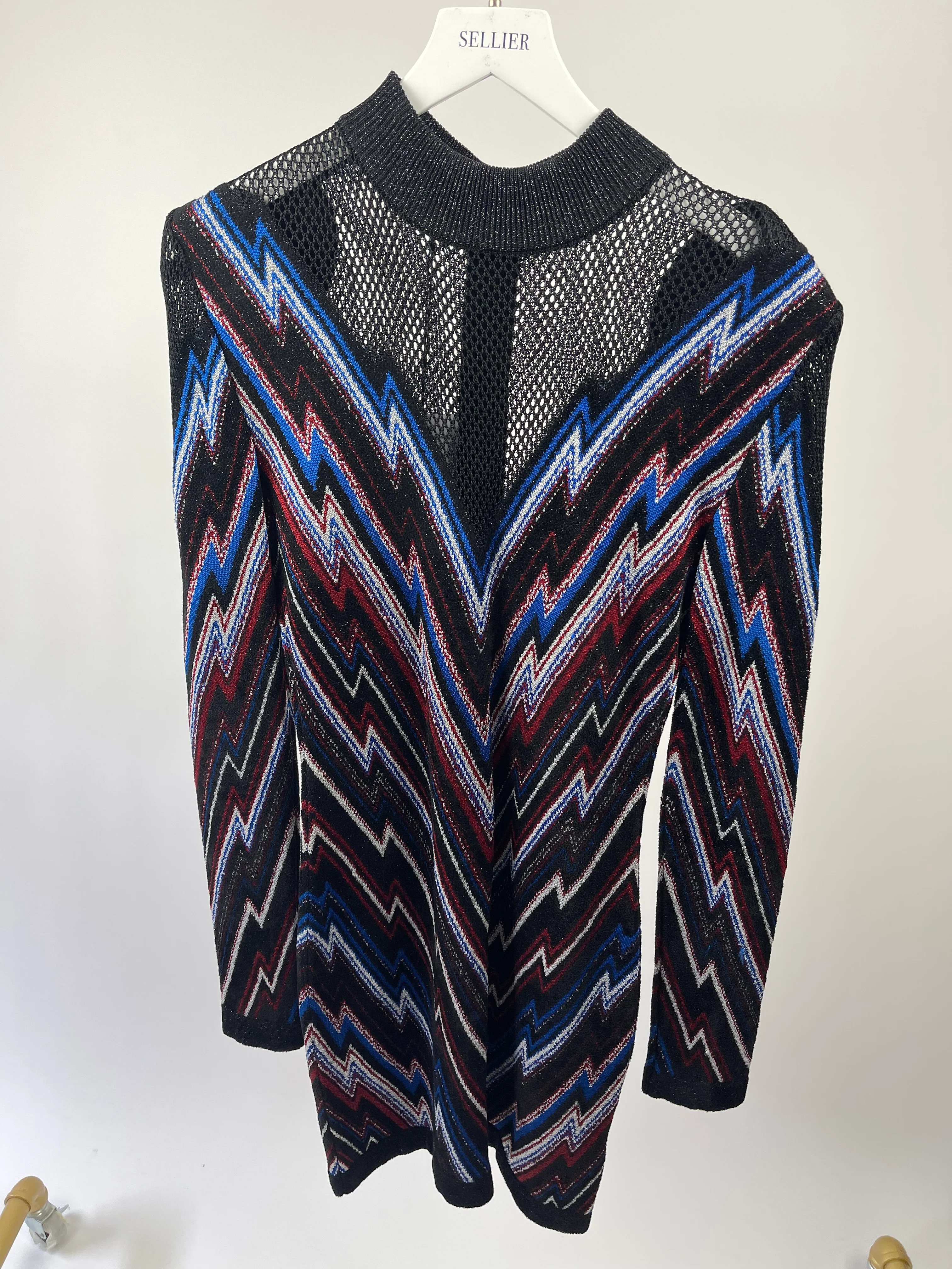 Balmain Black & Multi-colour Long-Sleeve Mesh Dress with Collar Detail FR 40 (UK 12) - Image 7