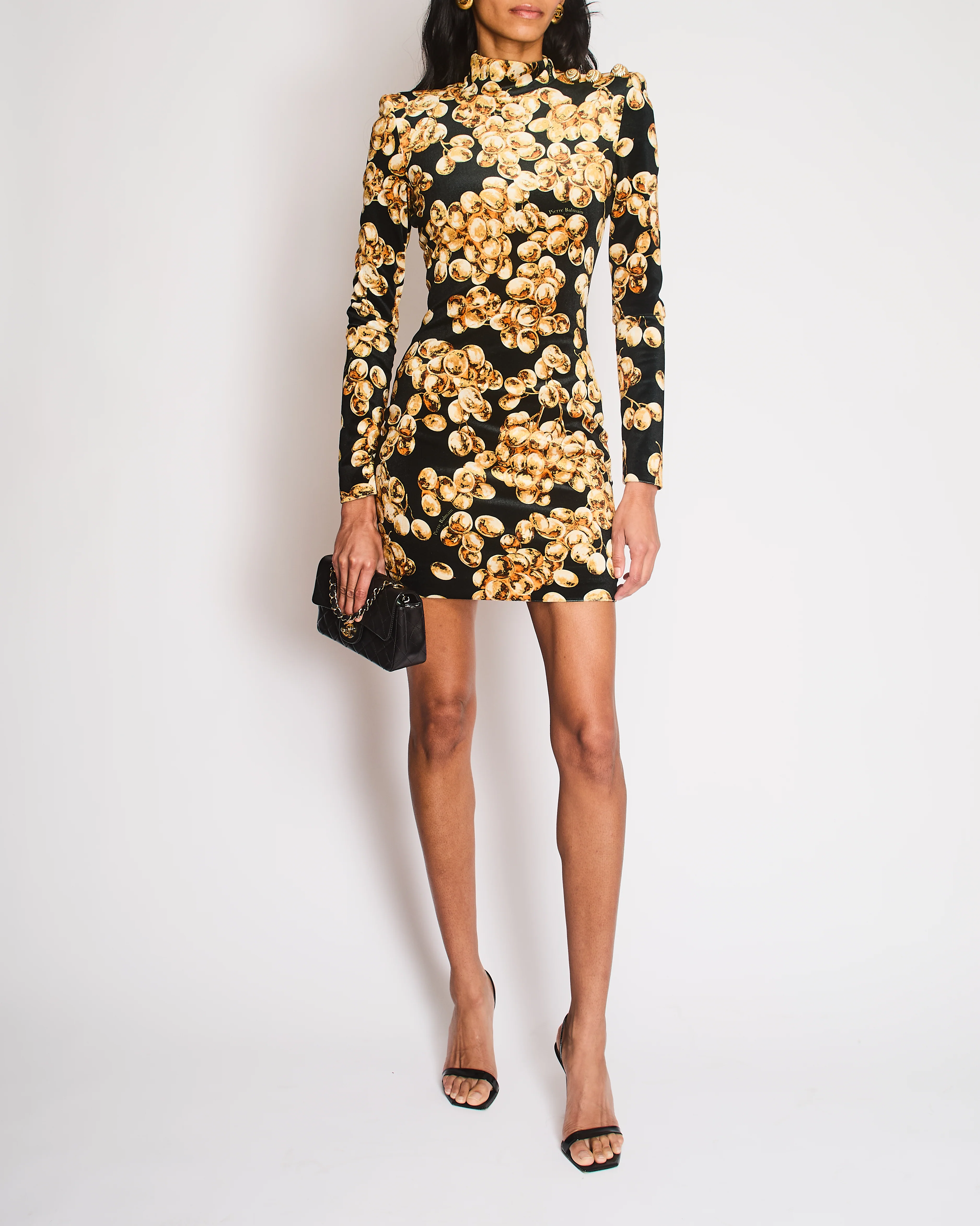 Balmain Black Velvet Long-Sleeved Mini Dress with Gold Grape Print and Gold Buttons Size FR 36 (UK 8)