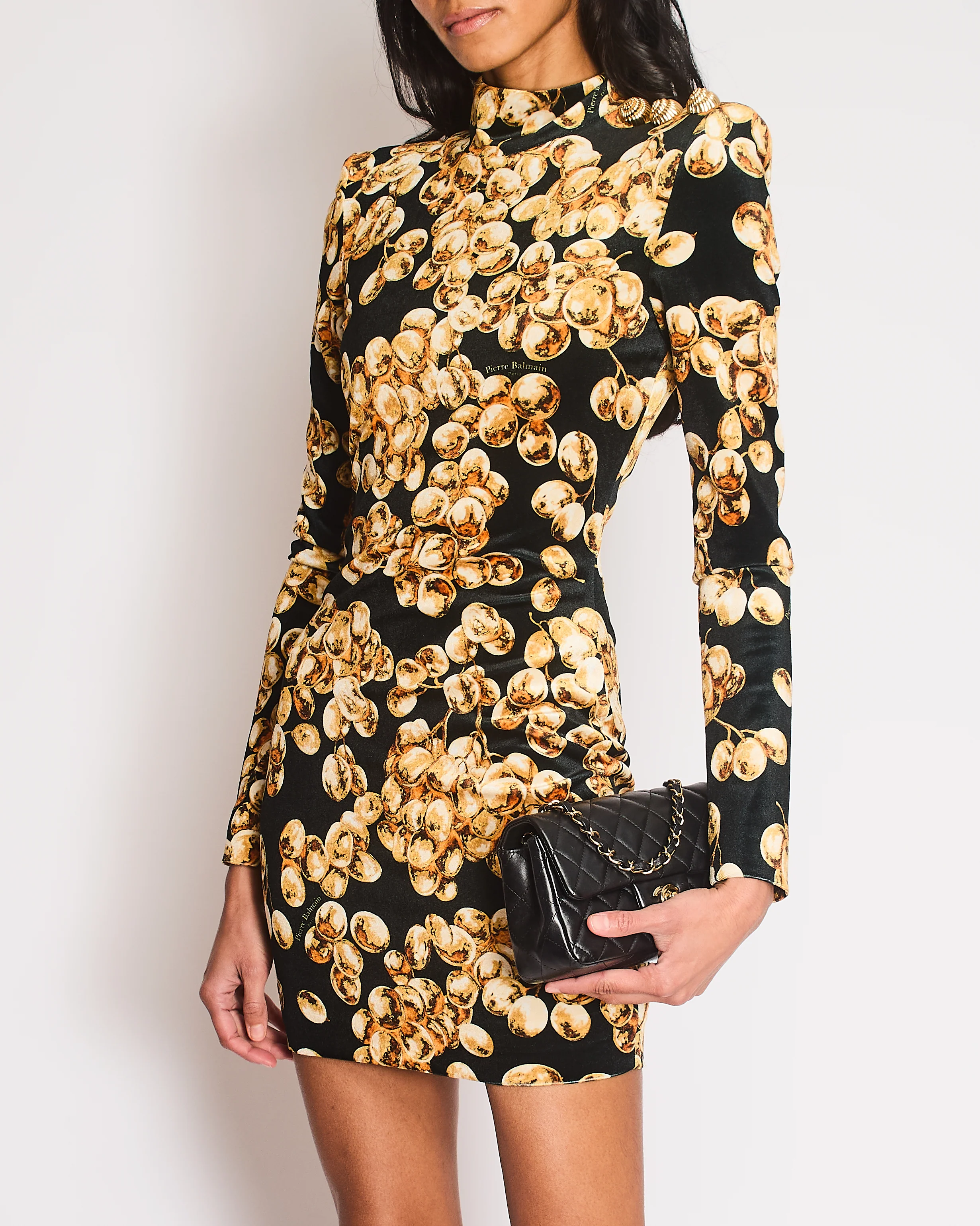 Balmain Black Velvet Long-Sleeved Mini Dress with Gold Grape Print and Gold Buttons Size FR 36 (UK 8) - Image 2