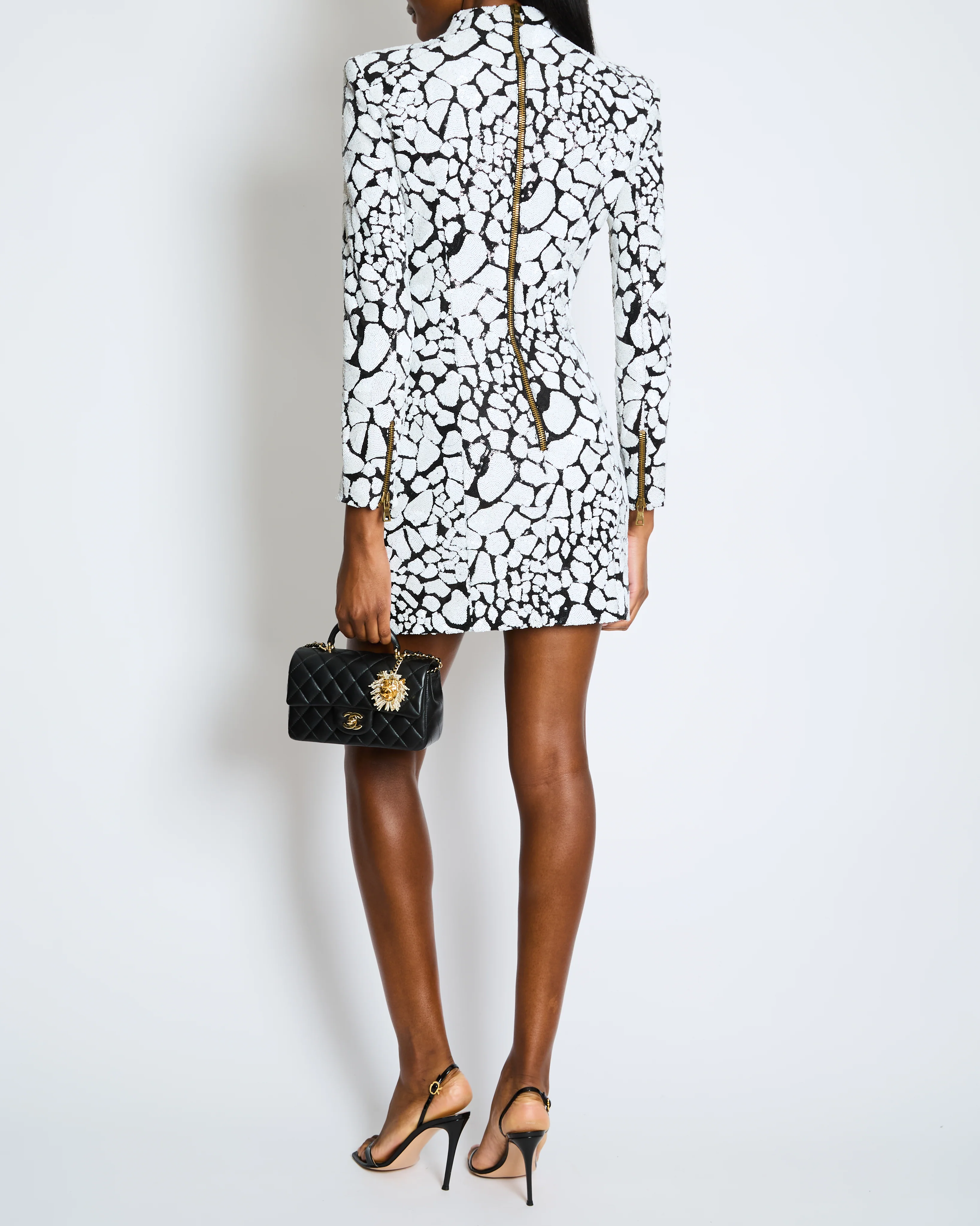 Balmain Black & White Long-Sleeve Sequined-Embellished Mini Dress Size FR 38 (UK 10) - Image 5