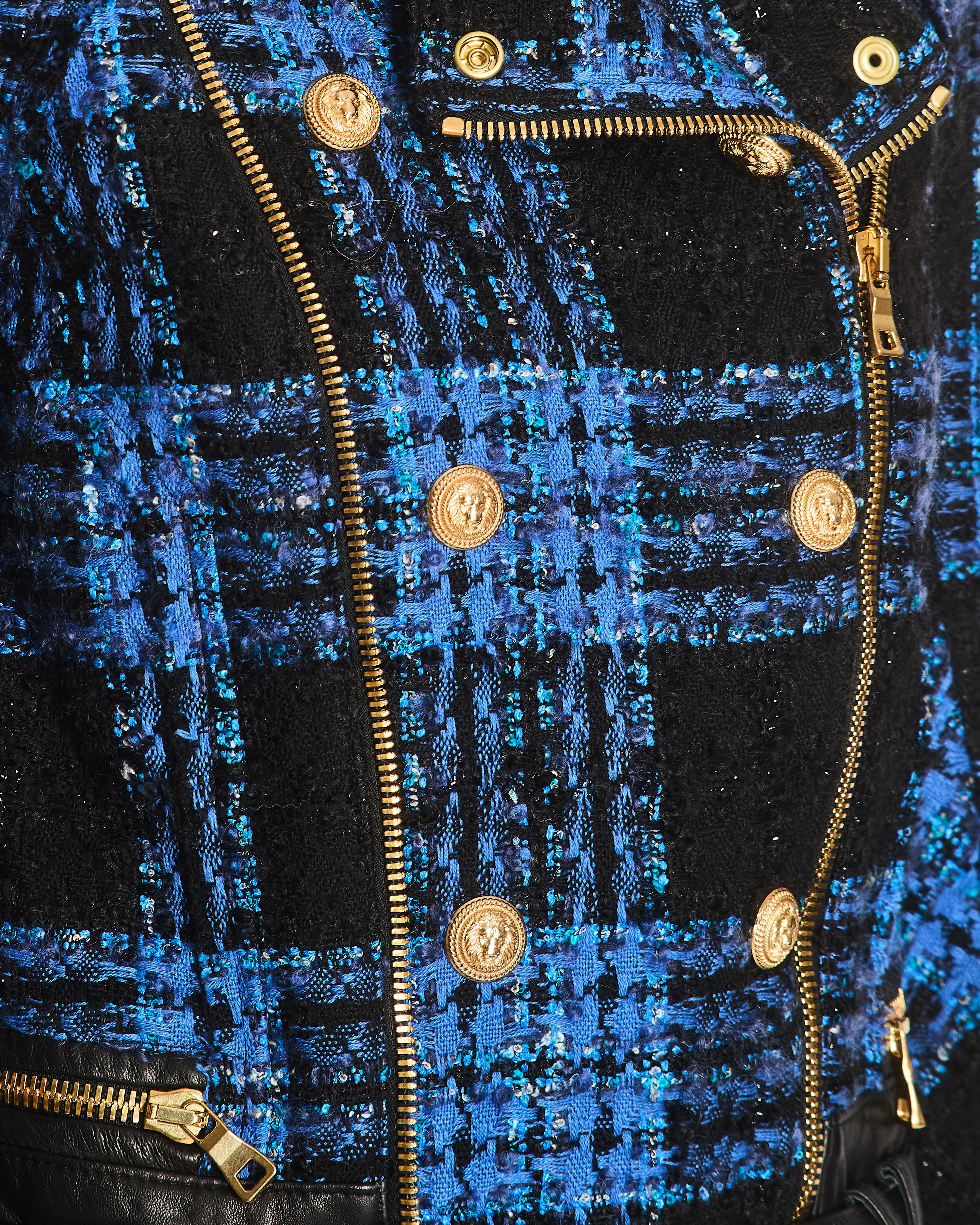 Balmain Blue and Black Tweed Jacket with Leather Inserts and Belt with Gold Buckle Detail Size FR 36 (UK 8) - Image 3