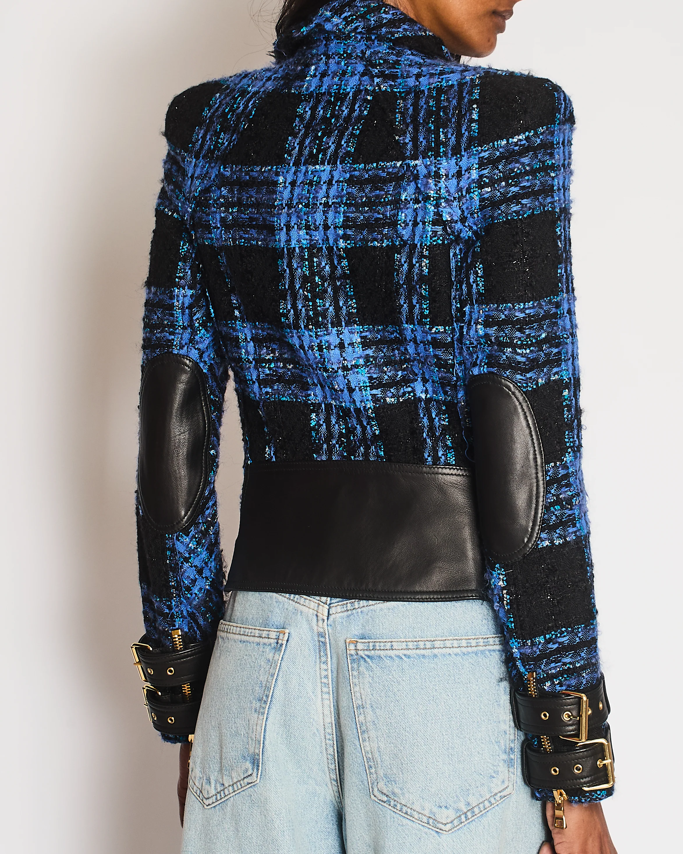 Balmain Blue and Black Tweed Jacket with Leather Inserts and Belt with Gold Buckle Detail Size FR 36 (UK 8) - Image 4